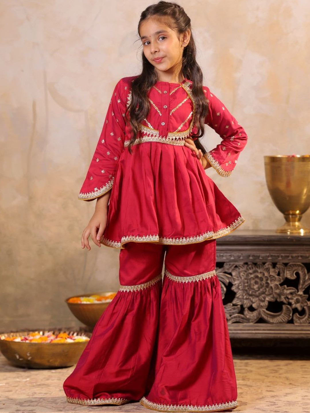 Sangria Girls Red Viscose Rayon Embroidery Ethnic kurta sharara set
