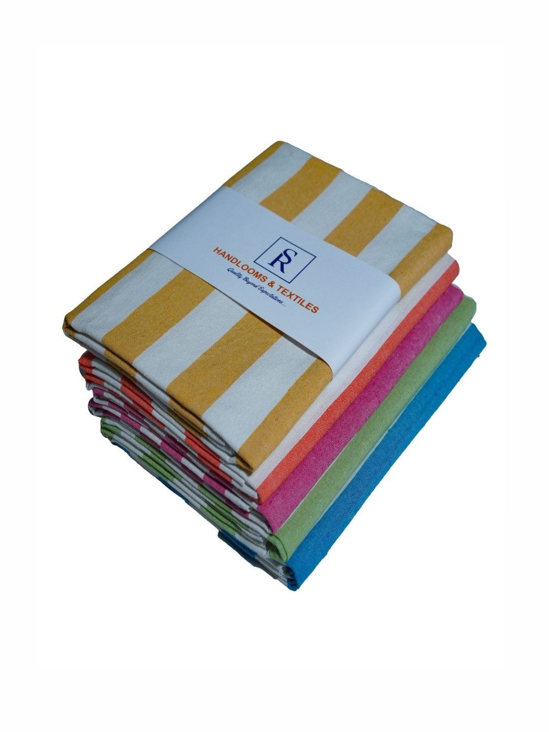 SR HANDLOOMS AND TEXTILES Blue & Yellow 5 Pieces Striped Pure Cotton 400 GSM Bath Towels