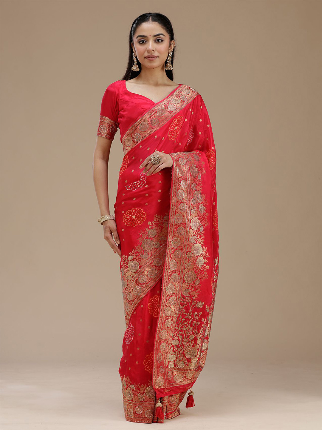 Koskii Rani Pink Floral Stonework Silk Saree