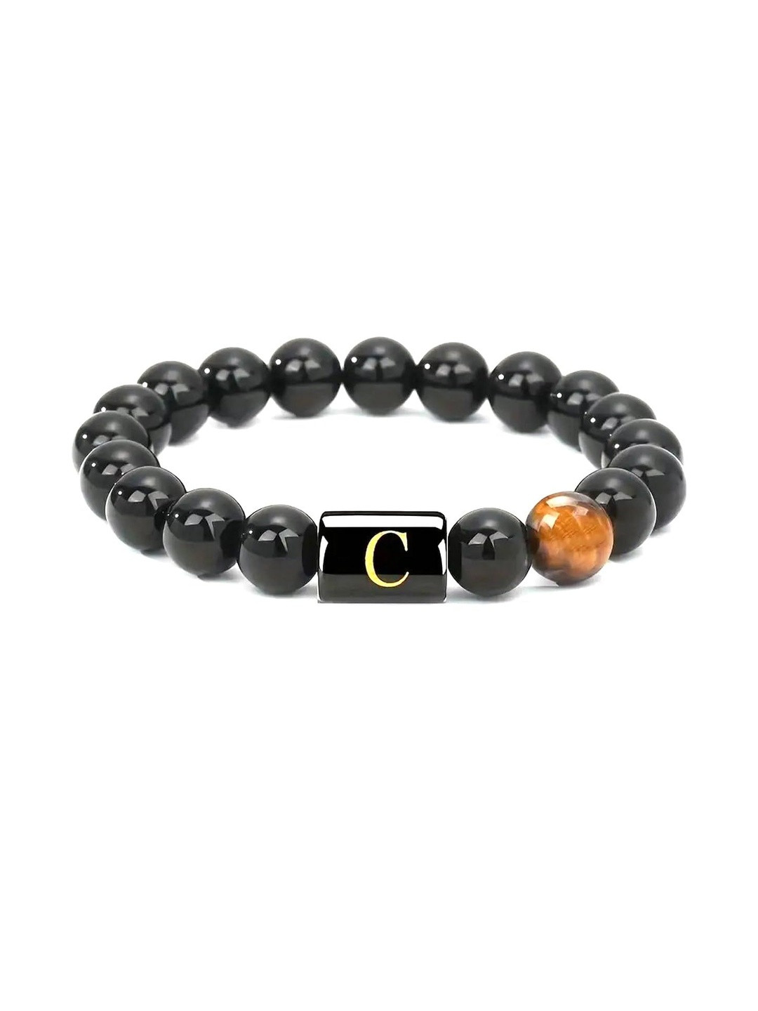 EDMIRIA Men Black Gold-Toned Ceramic Initial letter Artificial Beads Elasticated Bracelet