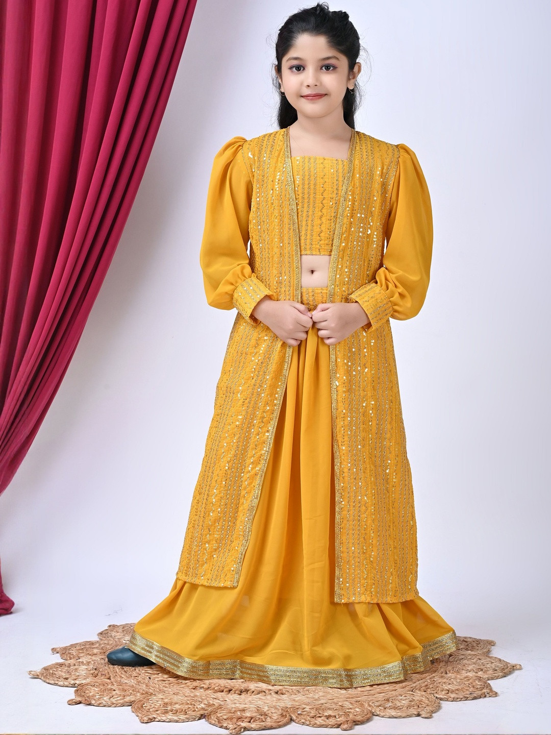 SPAMitude Girls Embellished Top With Skirt & Ethnic Jacket