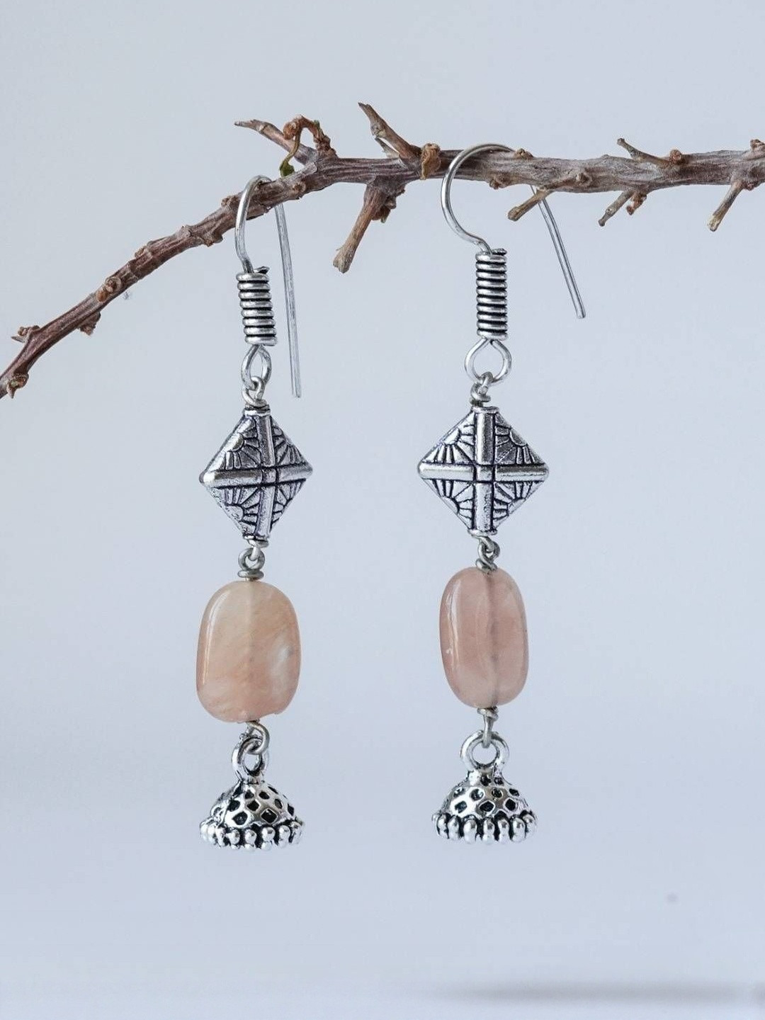 Shrim jewels Brass Plated Jasper Beaded Diamond Shaped Oxidised Drop Earrings