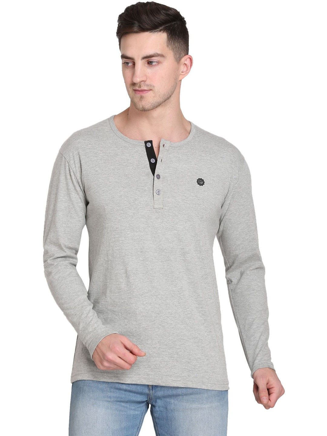 FARICON Men Brand Logo Henley Neck T-shirt