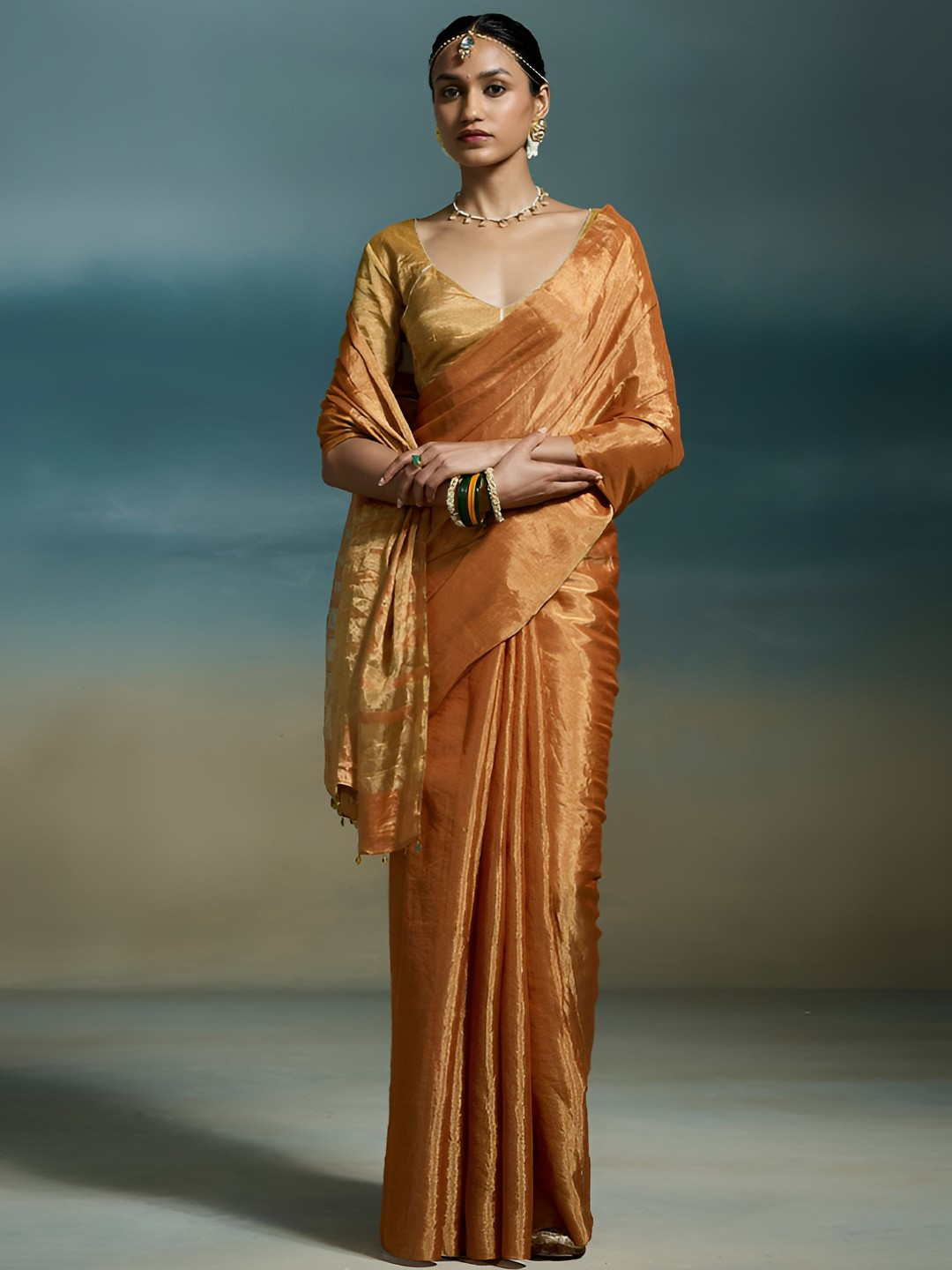 Dressfolk Tissue Chanderi Saree with Shimmering Gold Zari Base