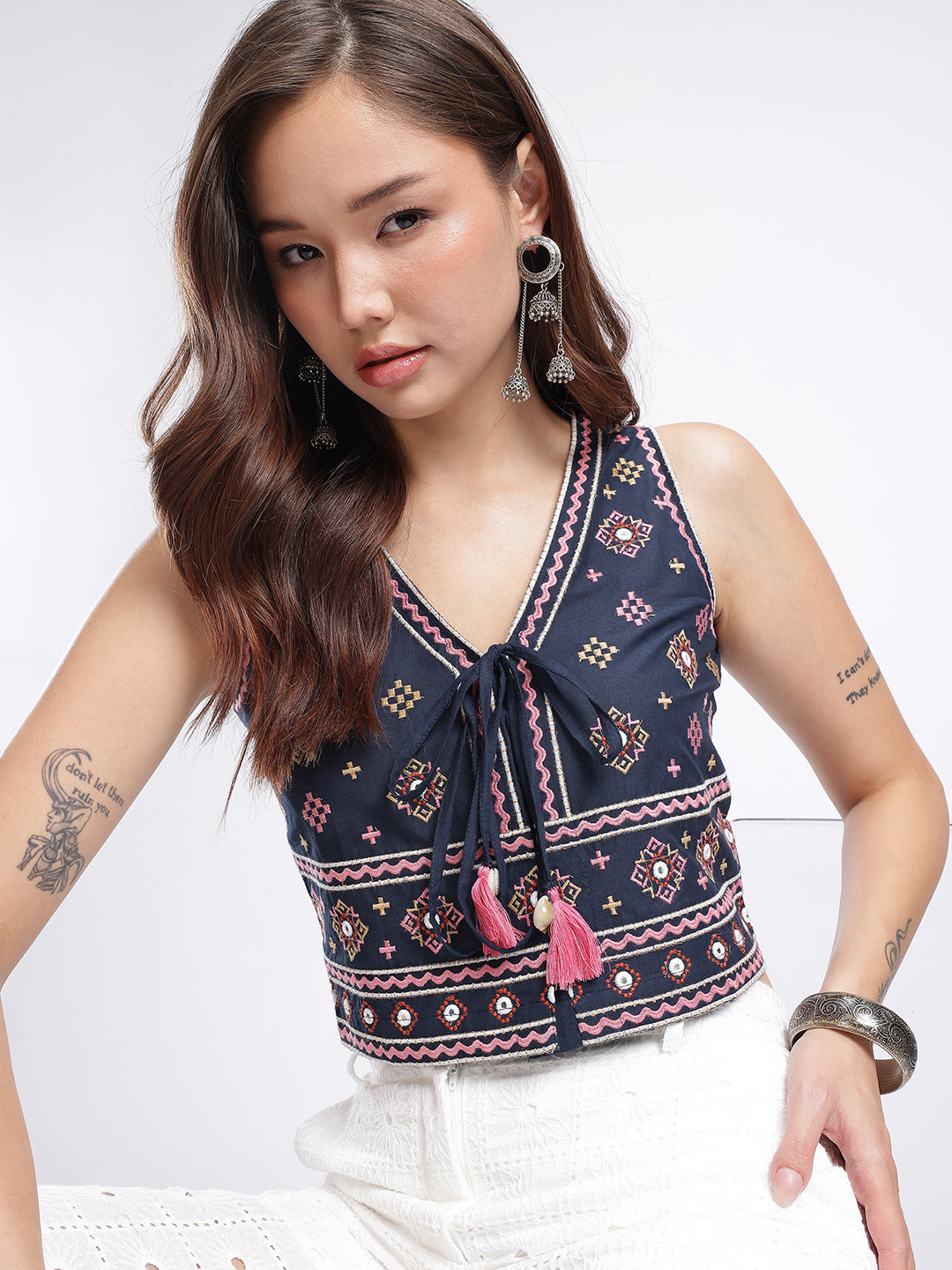 glitchez Ethnic Motifs Embroidered Mirror Work Tie-Up Neck Crop Top