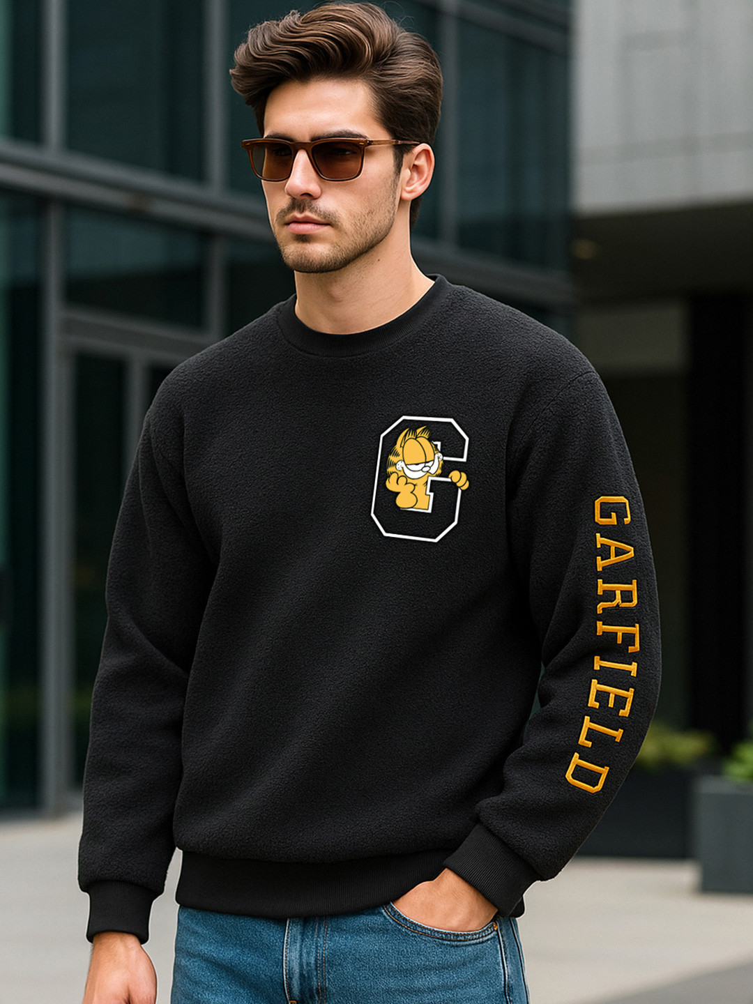 Bewakoof Black Garfield Graphic Printed Oversized Pullover Sweatshirt