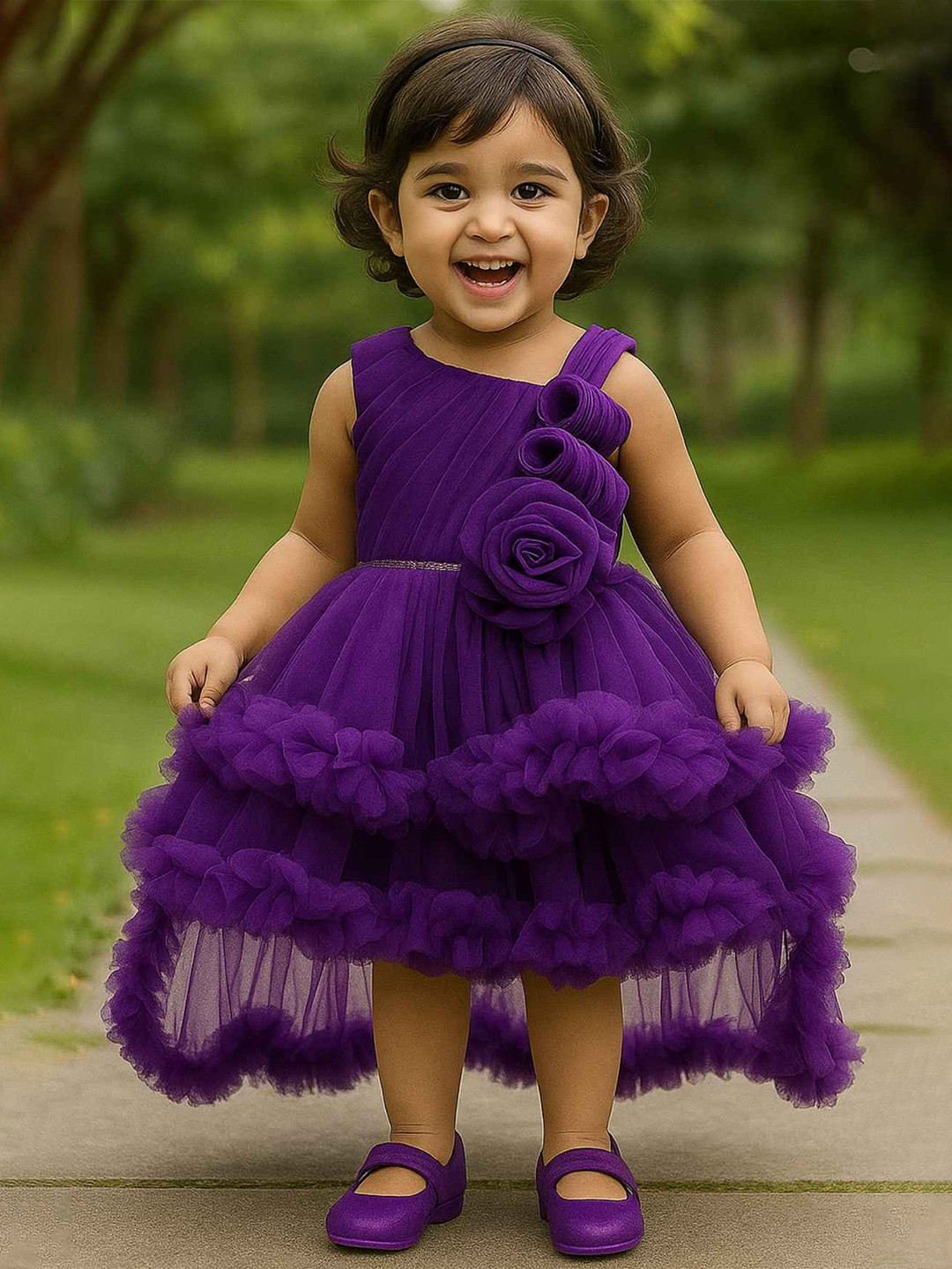 Lagorii Girls High Low Party Frock with Floral Embellished & Ruffle Layers