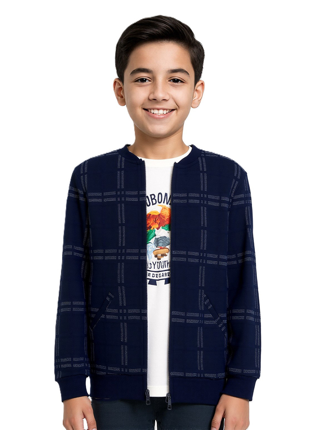 CAVIO Boys Checked Stand Collar Lightweight Cotton Bomber Jacket & T-Shirt