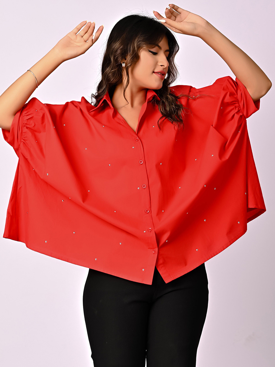 INAAYA JAIPUR Modern Spread Collar Puff Sleeves Oversized Cotton Shirt