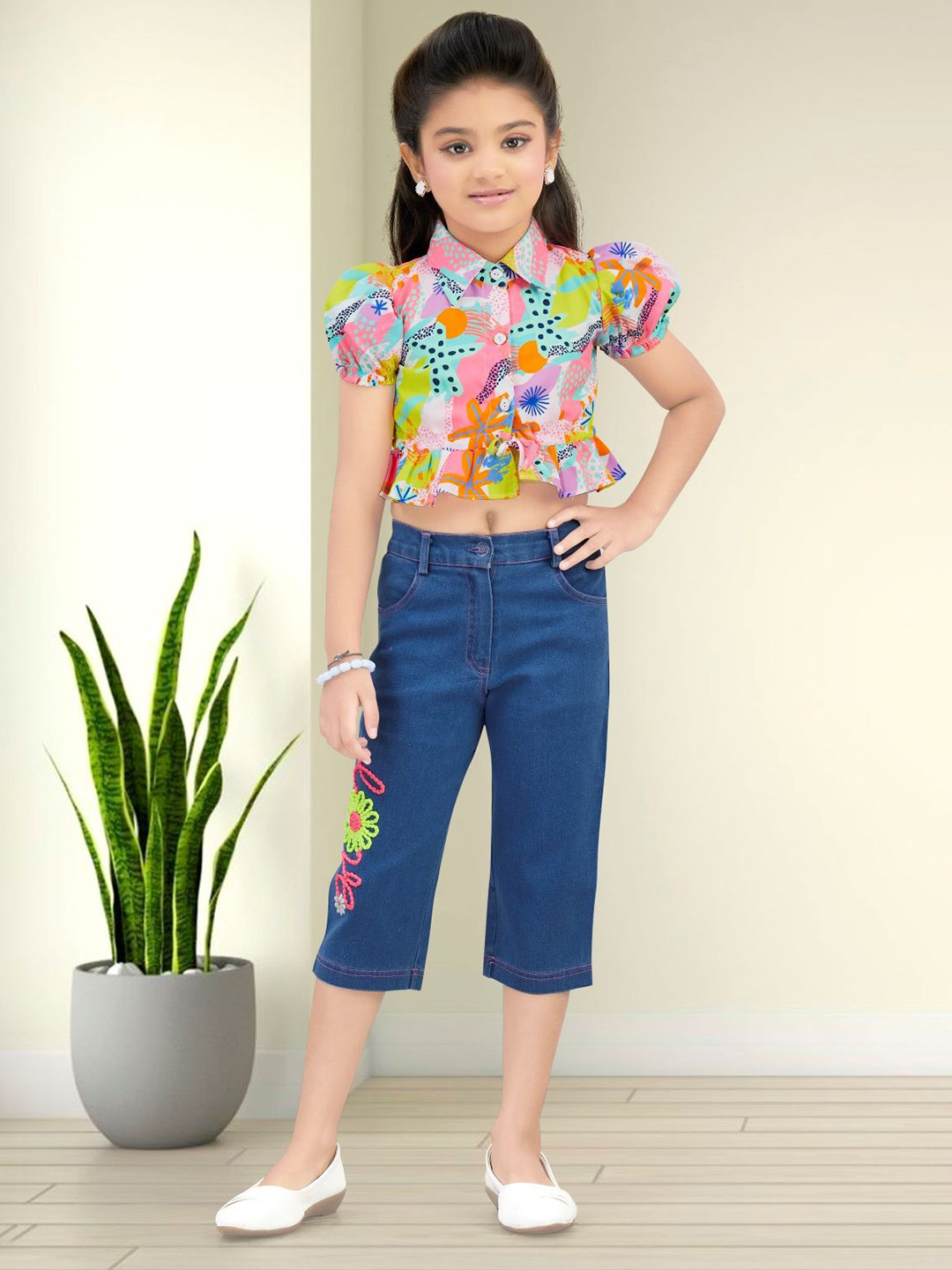 Lei-Chie Girls Printed Short Sleeves Linen Shirt With Capris