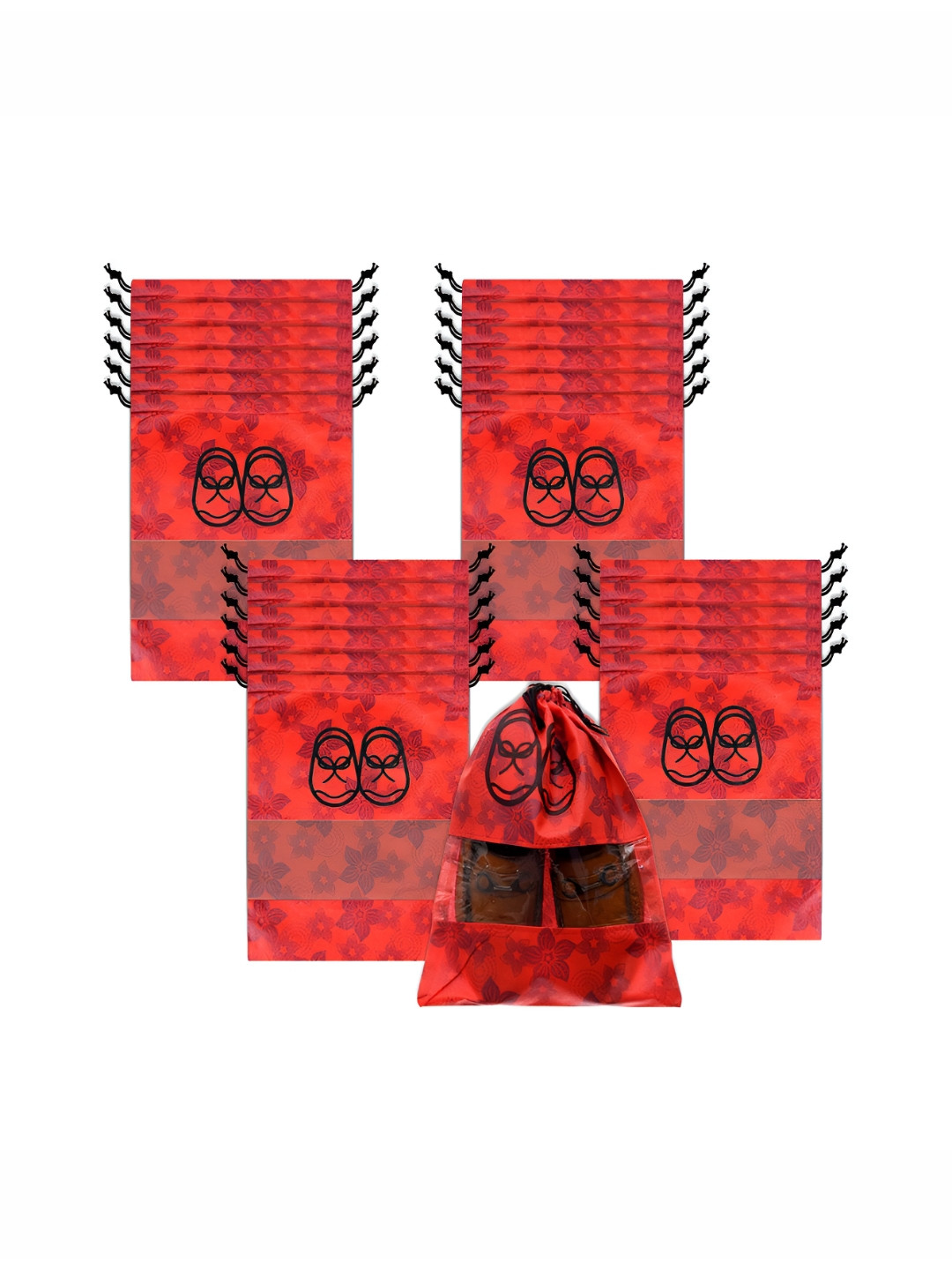 Aura Red & Black 24 Pieces Printed Shoe Covers With Drawstring