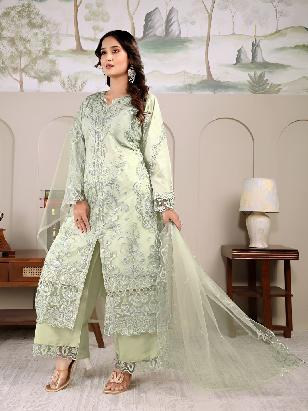 LAZORI FASHION Women Ethnic Motifs Embroidered Regular Kurta & Palazzos With Dupatta