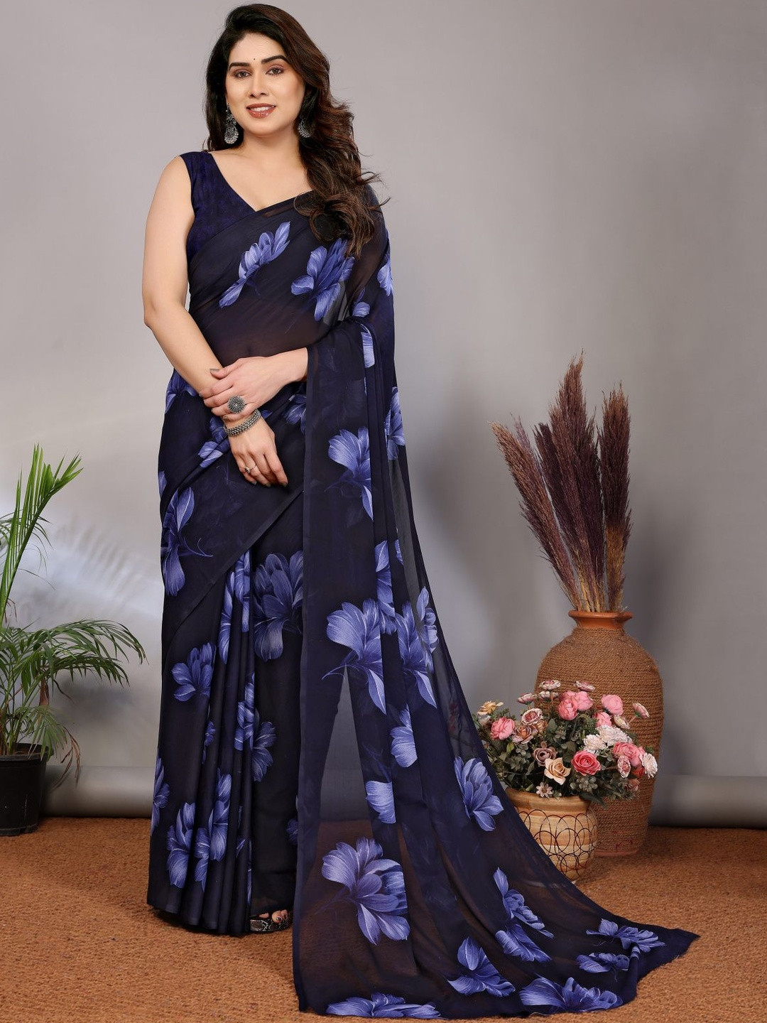 vj fashion Navy Blue Floral Printed Pure Georgette Sarees