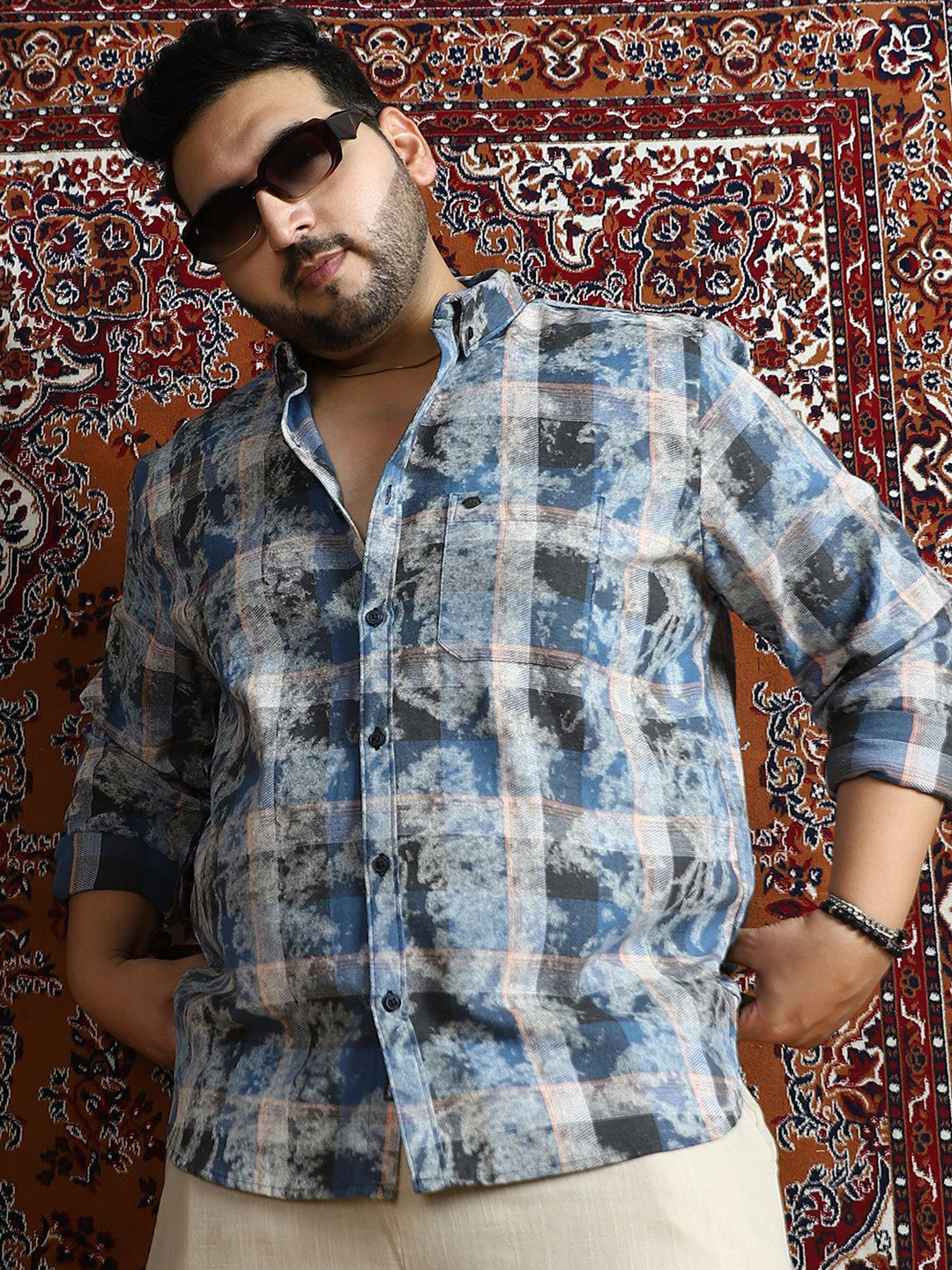 Instafab Plus Size Comfort Faded-Plaid Checked Cotton Relaxed Fit Casual Shirt