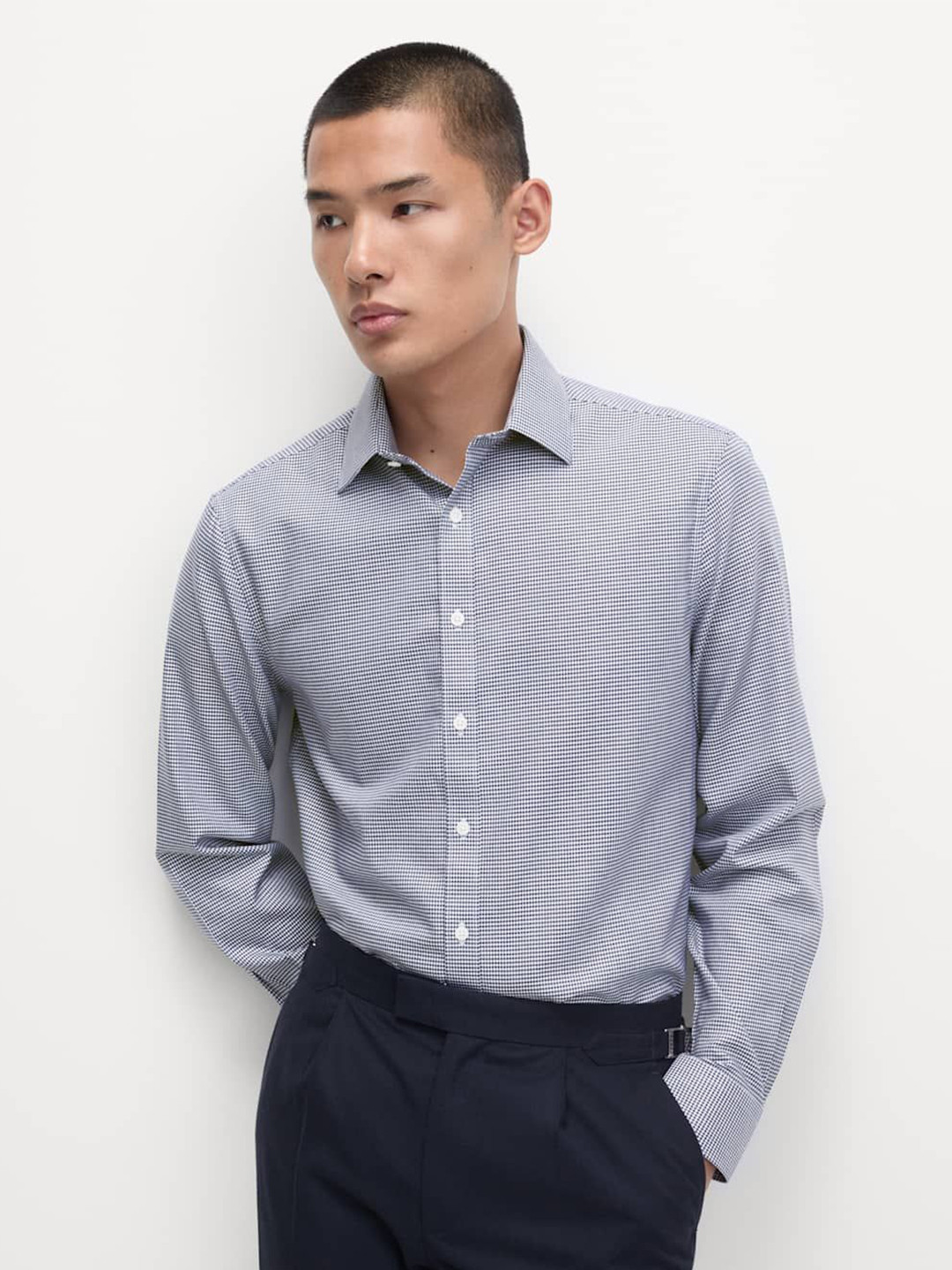 Marks & Spencer Micro Checks Checked Pure Cotton Spread Collar Shirt