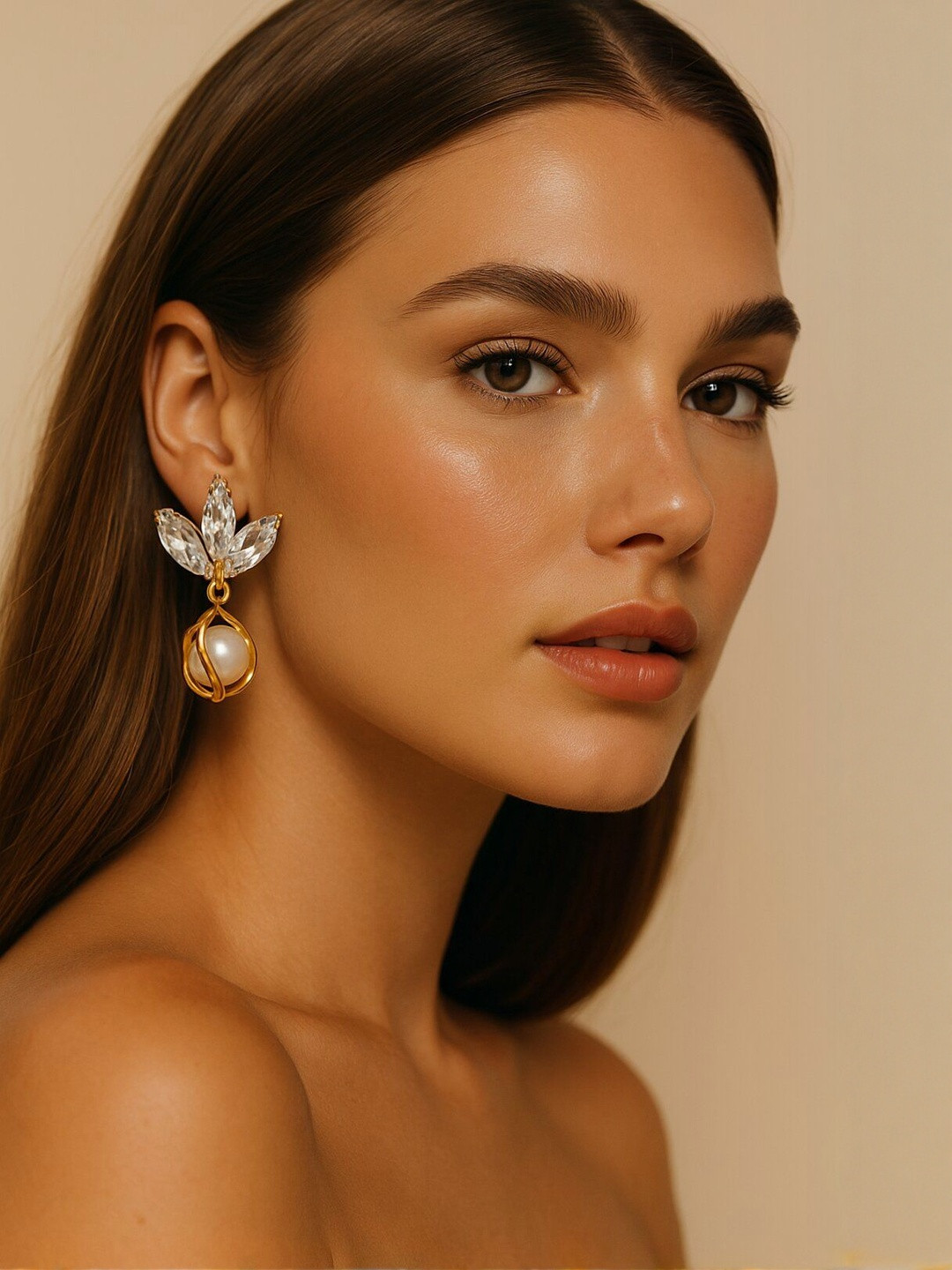 Haute Handles Stainless Steel Crystal Studded & Pearls Beaded Floral Shaped Drop Earrings