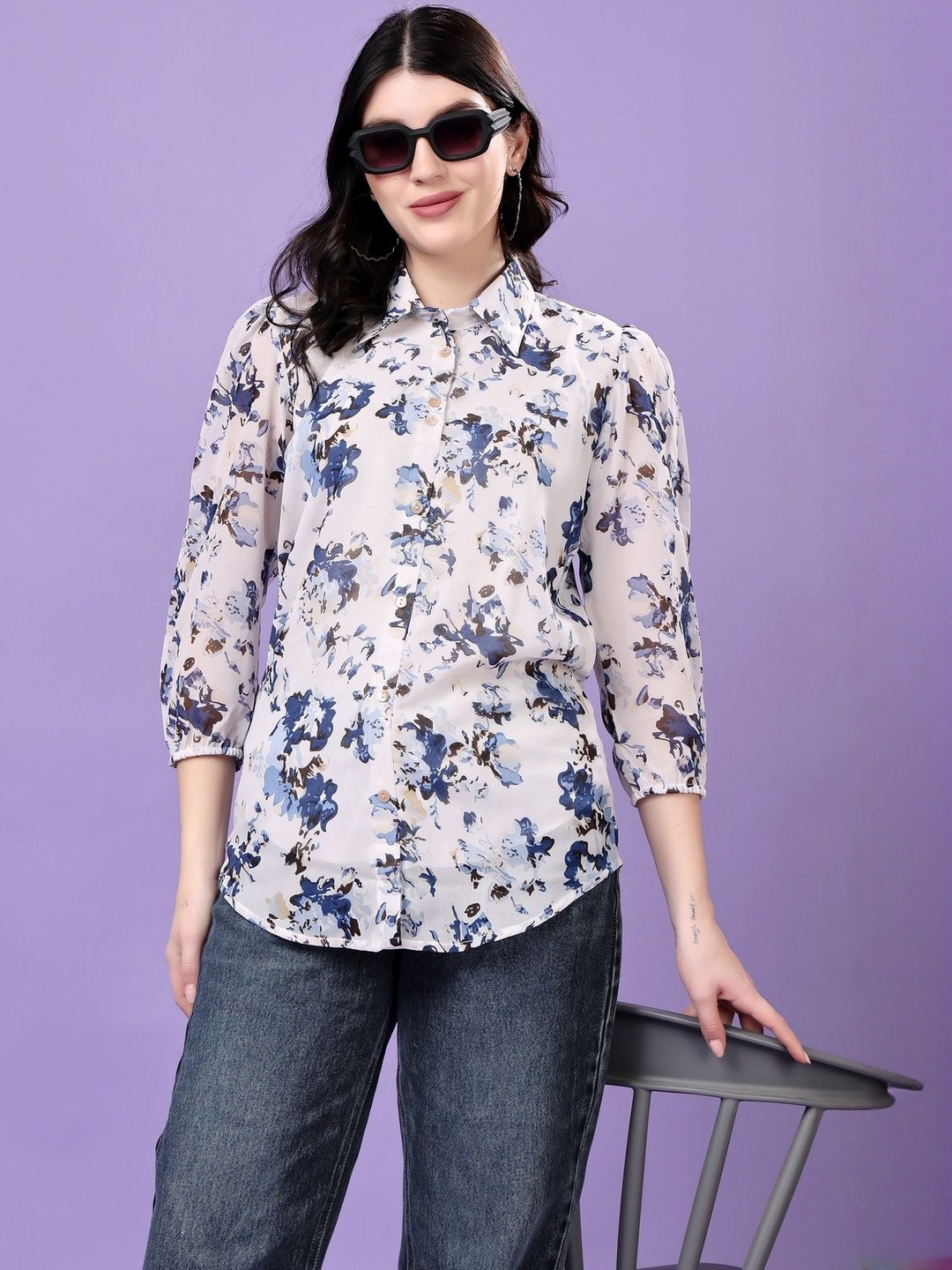 MJ LIFE STYLE Women Blue & White Floral Print Casual Shirt with Puff Sleeves