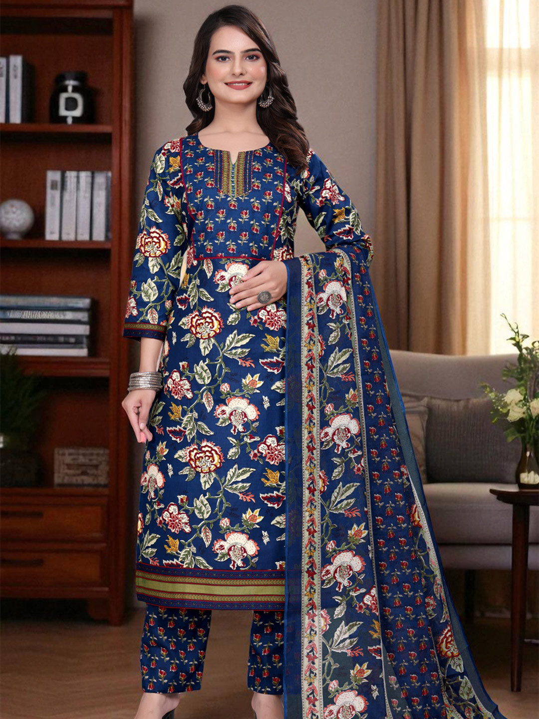 Pionex Floral Printed Pure Cotton Kurta With Trousers & Dupatta