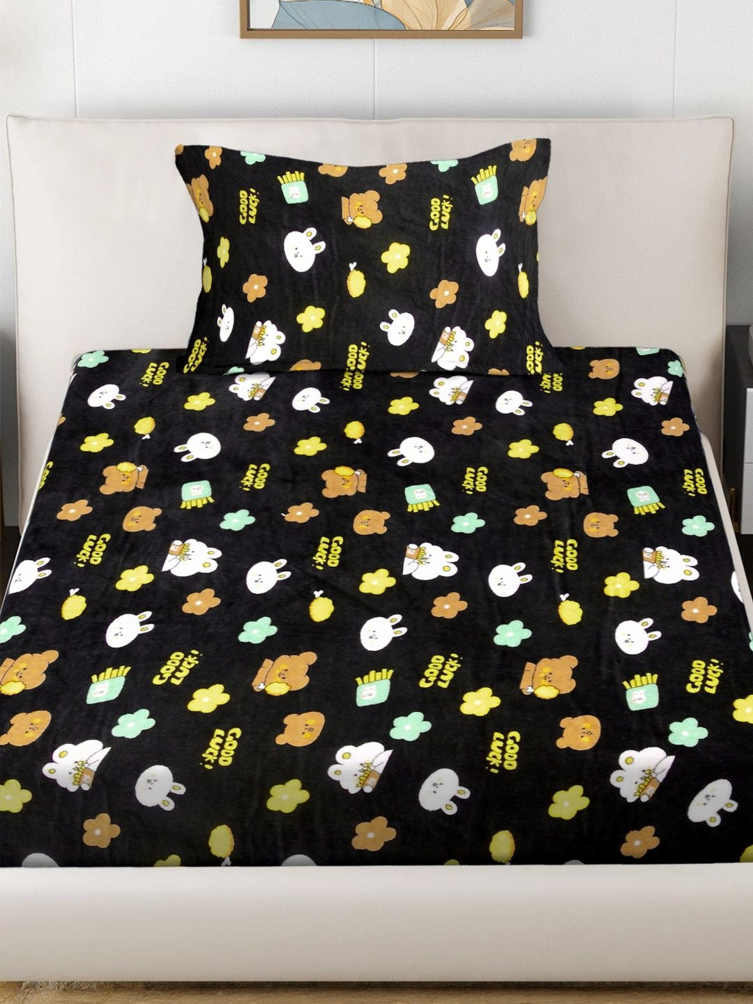 Myntra Elegant Homes Black Cartoon Characters 300 TC Single Bedsheet With 1 Pillow Cover