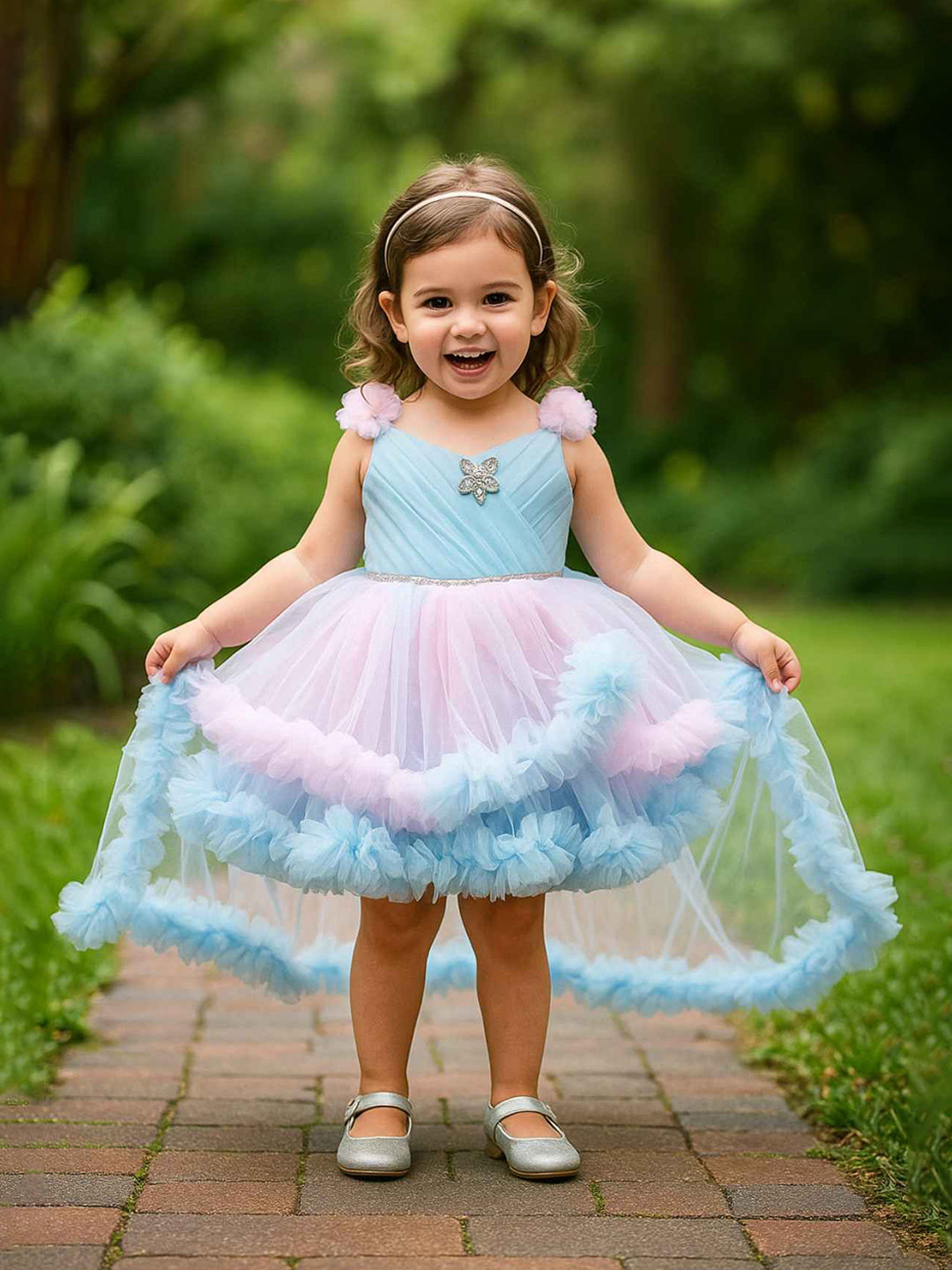 Lagorii Girls Ruffle Party Fit-Flare Frock  Dress With Stone Embellished And High-Low Hem