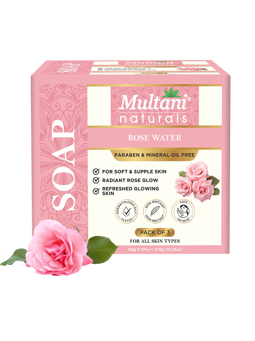 Multani Set Of 3 Rose Water Soap - 125 g Each