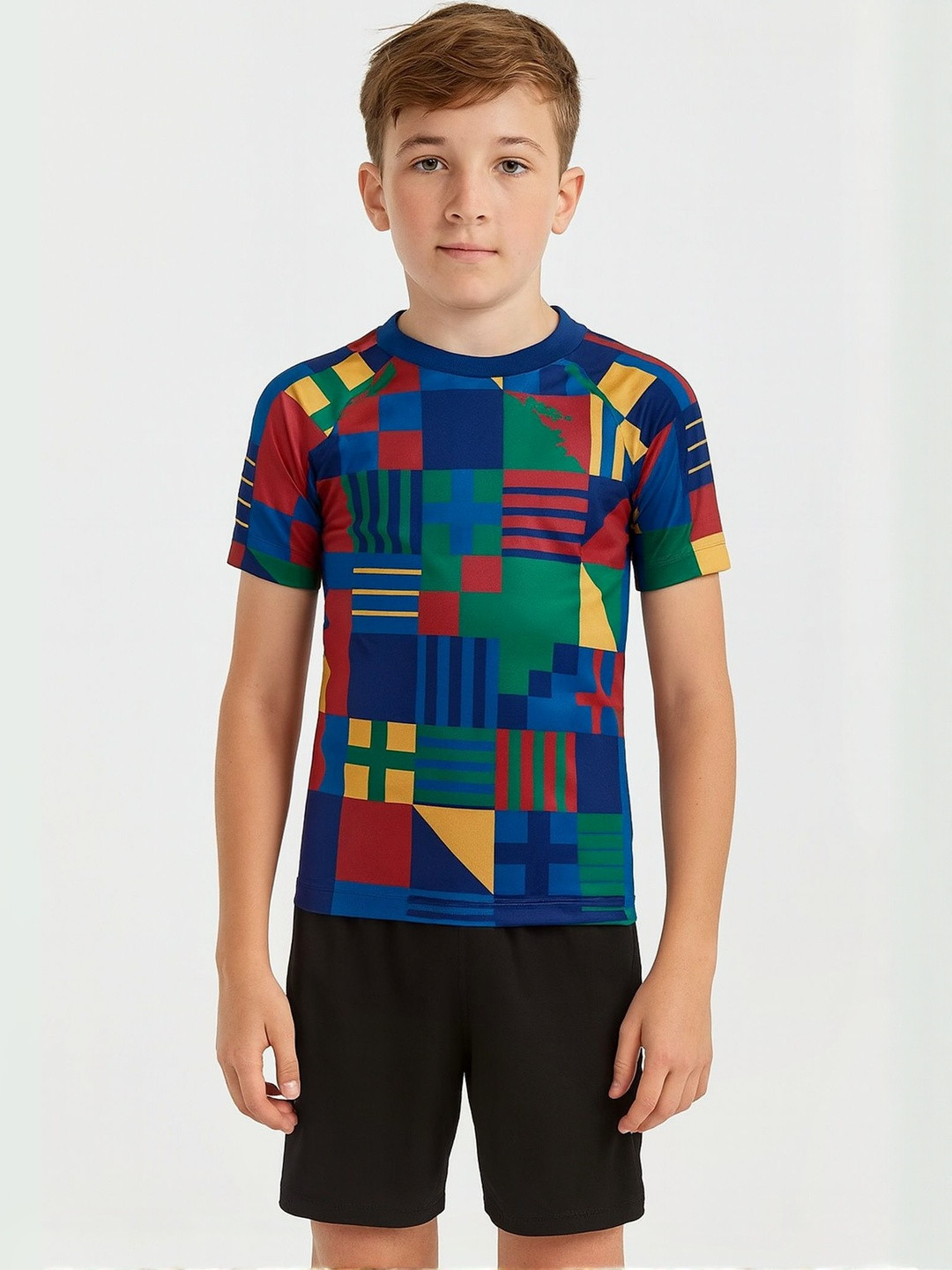 dostitch Boys Multi Portugal Prematch Kit Round Neck Regular Fit Football Jersey T-Shirt