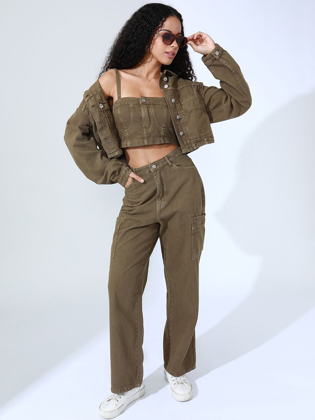 SHOWOFF Women Khaki Cotton Blend Co-Ord Set With Jacket