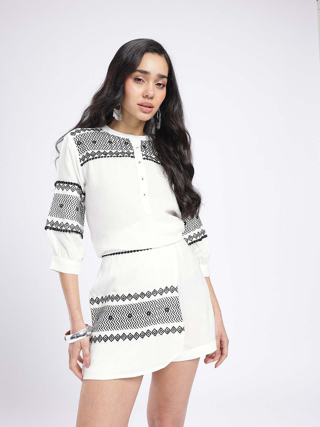 glitchez Geometric Embroidered Mirror Work Detail Top With Skorts