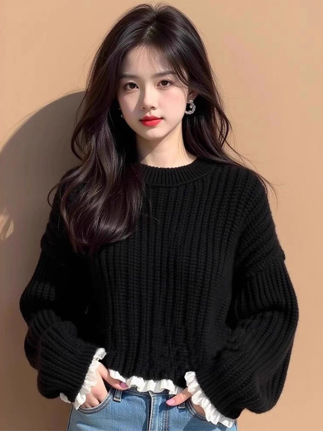 DressBerry Women Black Round Neck Long Sleeves Ribbed Cotton Pullover