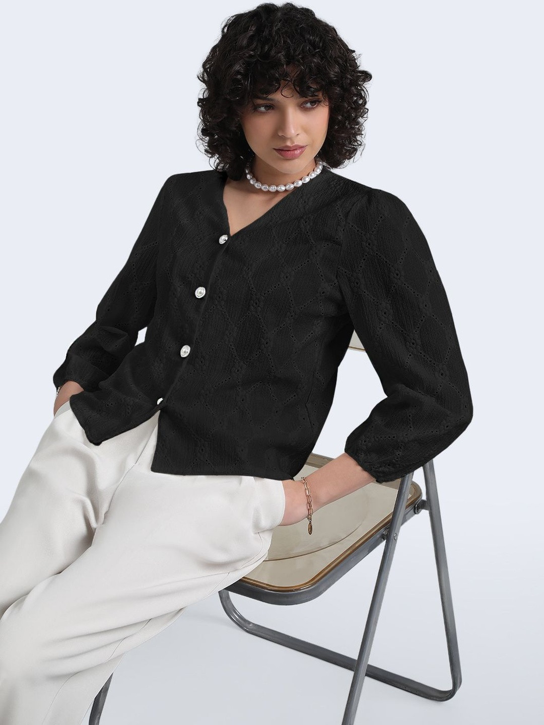 SHOWOFF Women Black Cotton Blend V-Neck Regular Tops