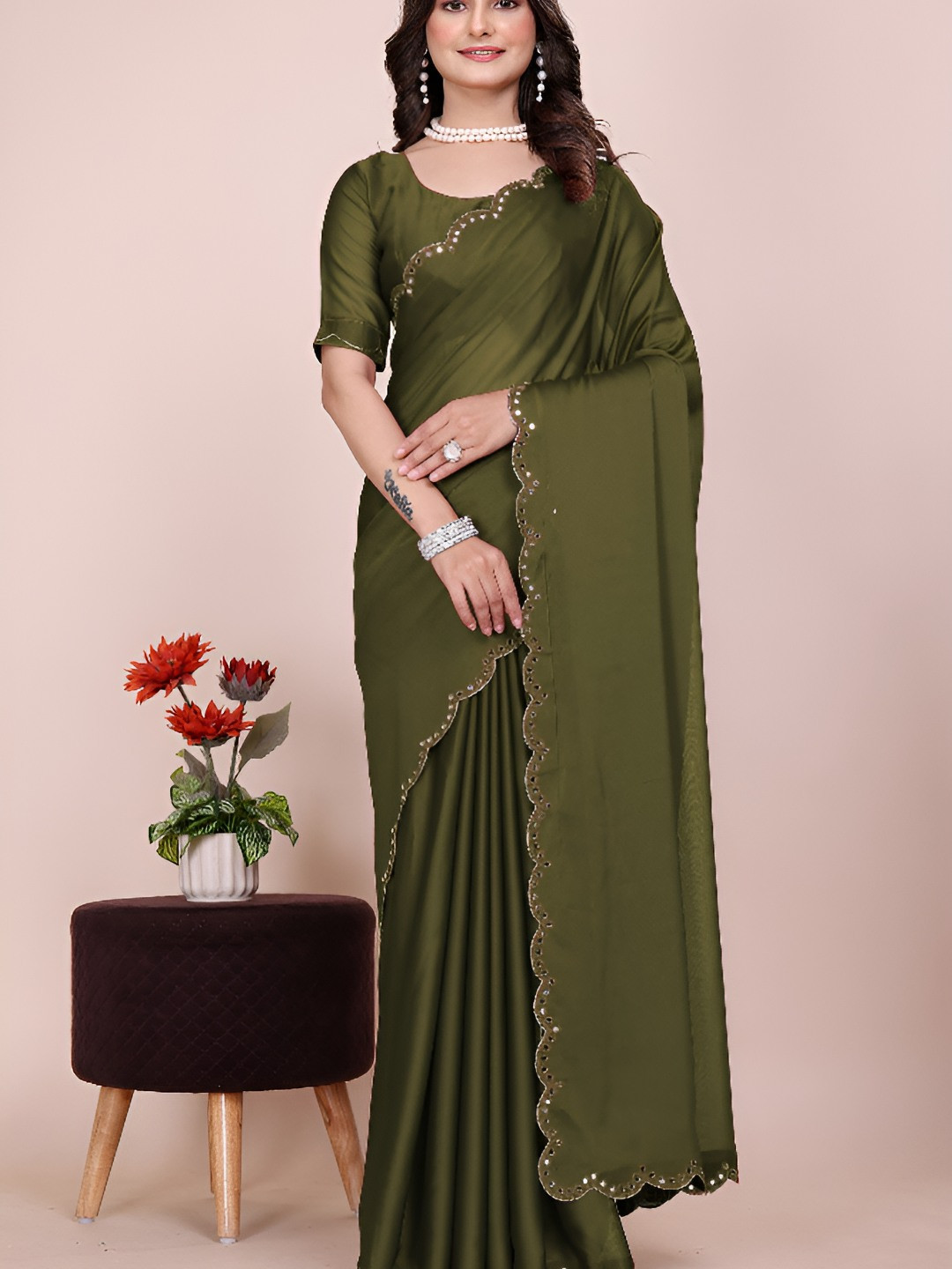 K 5 Fashion Mirror Work Saree With Blouse Piece
