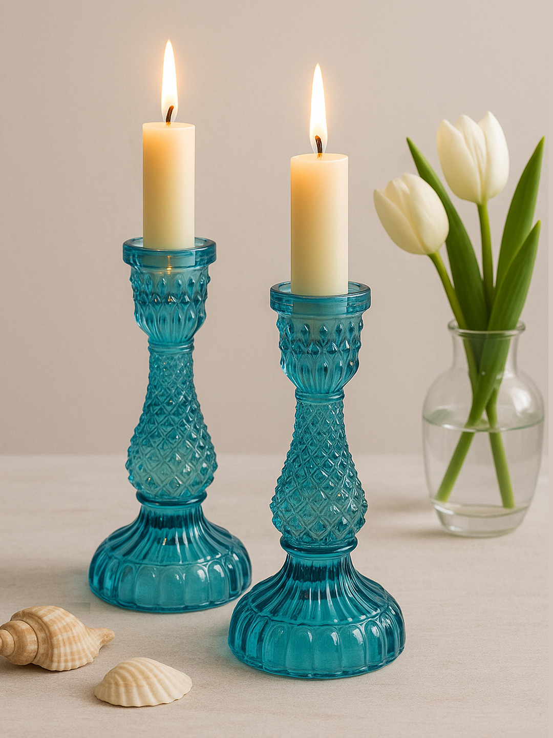 Homesake Set Of 2 Turquoise Blue Solid Carved Candle Holders