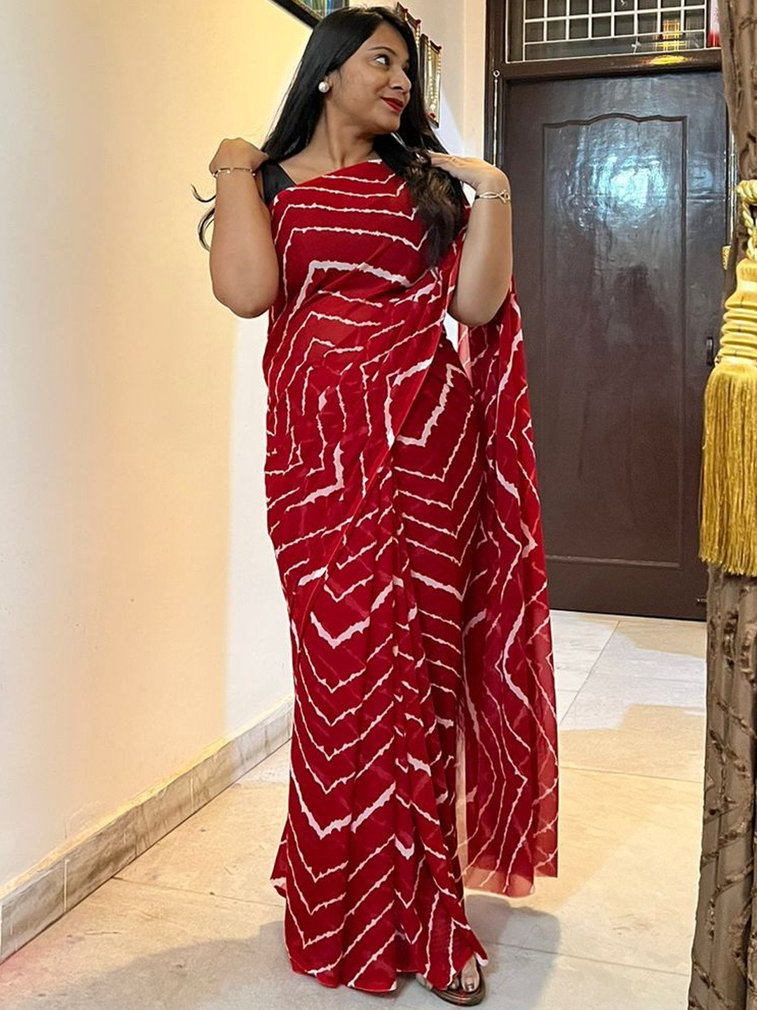 Moda Rapido Women Red Poly Georgette Leheriya Designer Saree