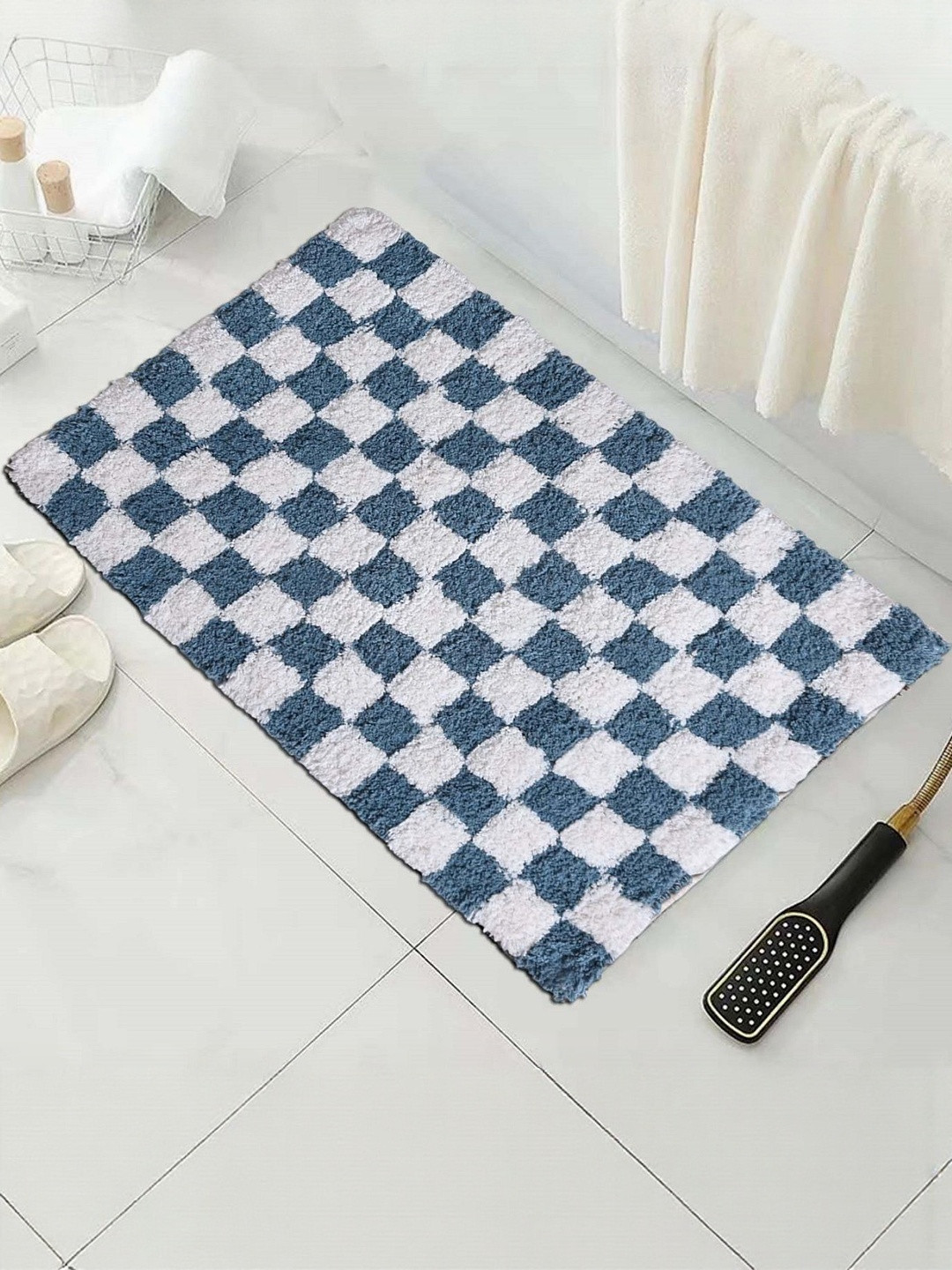 Homzz Blue Check Soft Quality Microfiber Doormat