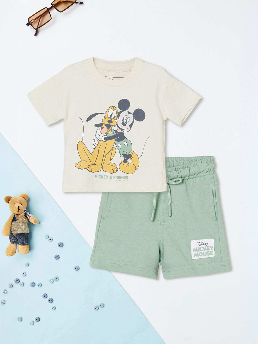 max Boys Mickey & Goofy Printed Short Sleeves Pure Cotton T-shirt With Shorts