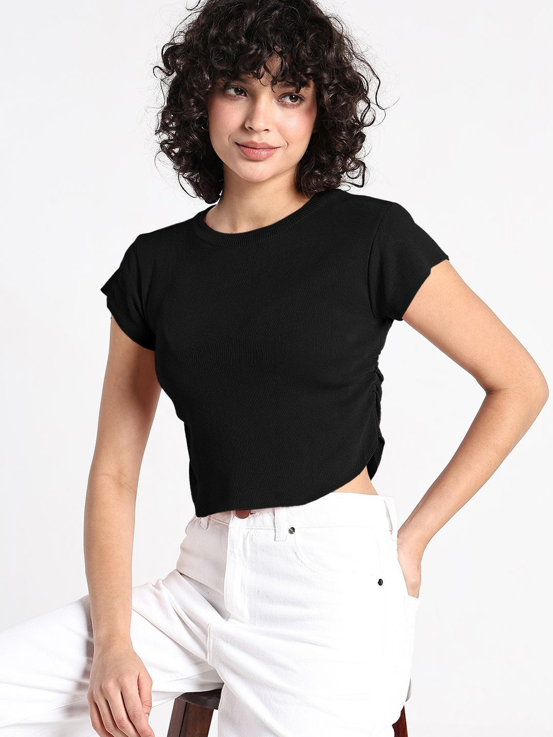 SHOWOFF Women Black Acrylic Crop Fitted Tops