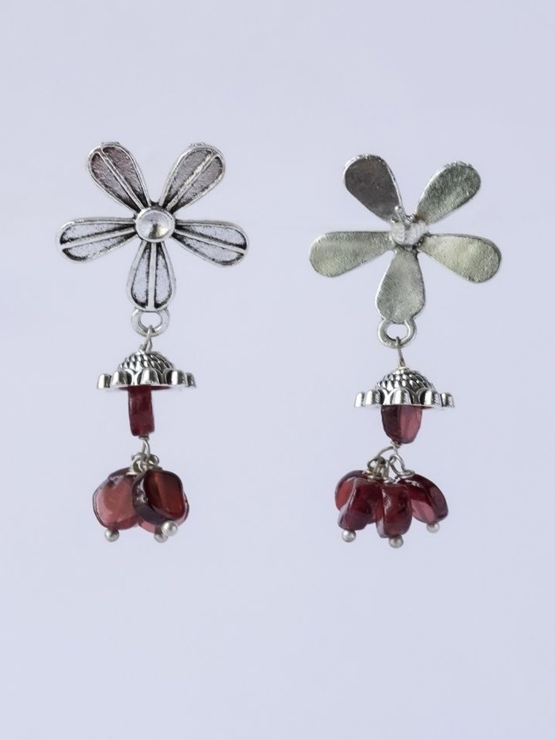 Shrim jewels Brass-Plated Oxidised Garnet Beaded Floral Shaped Drop Earrings