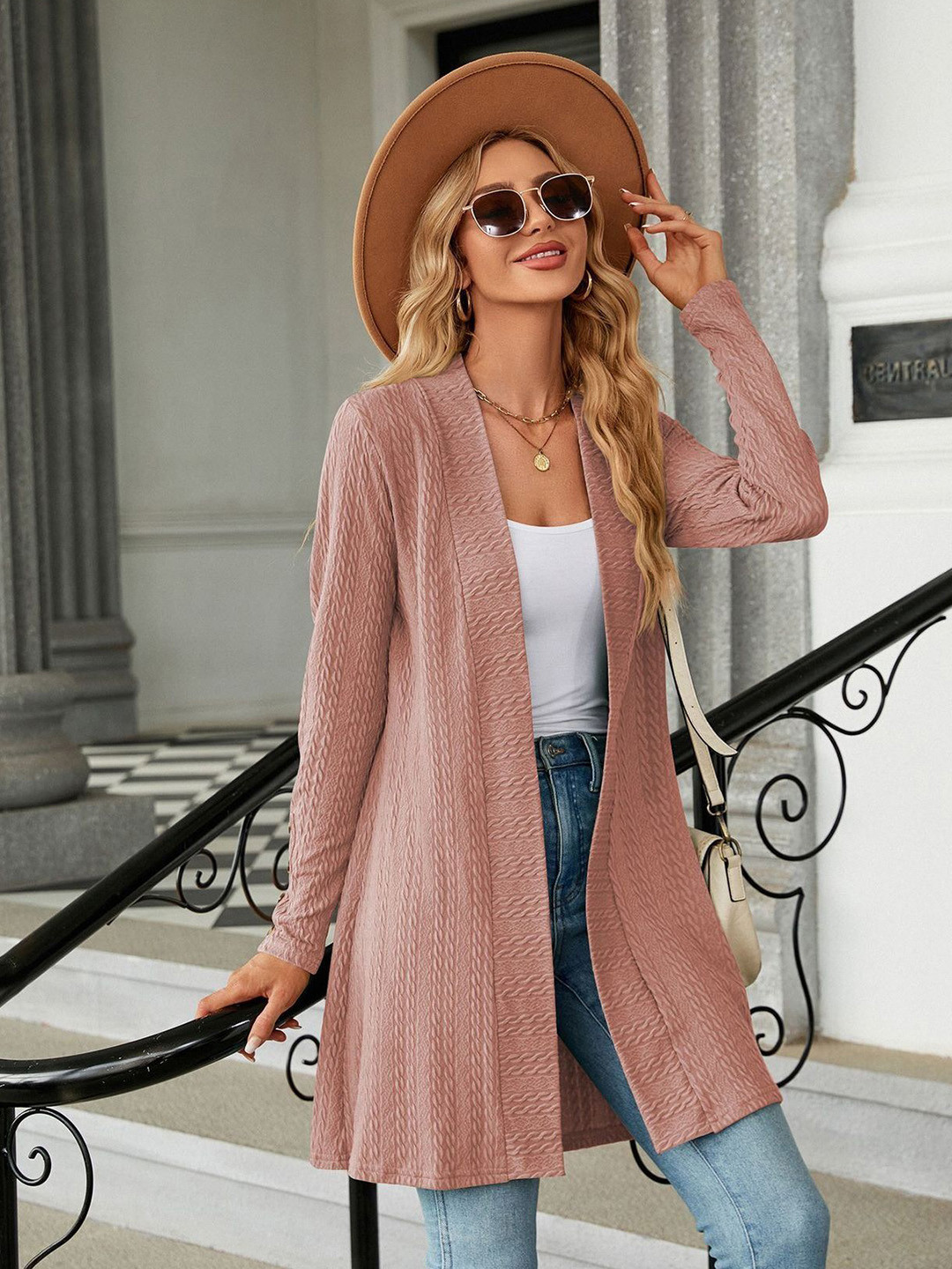 Outzidr Full Sleeves Self Design Longline Shrug