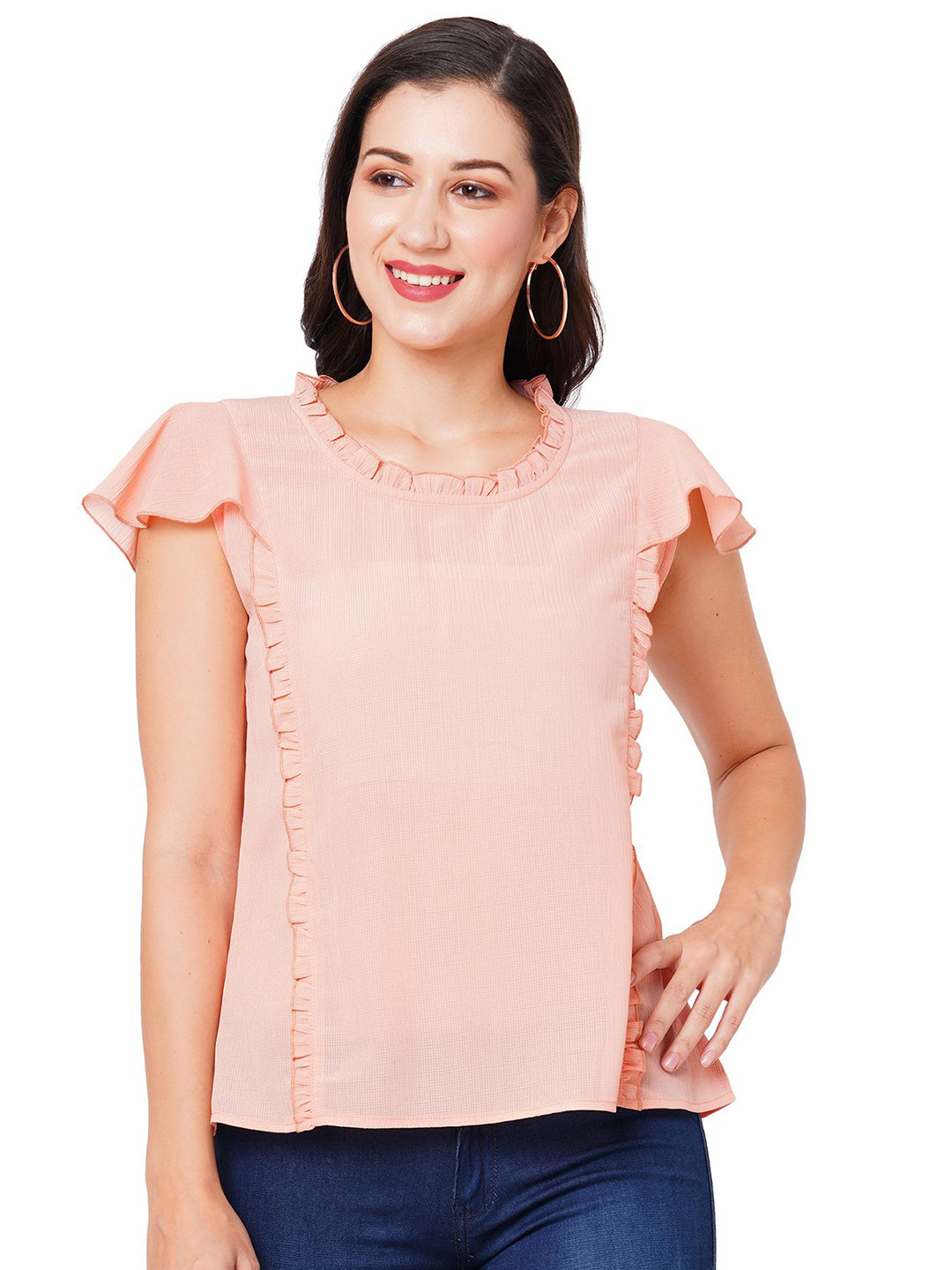G0-4 IT Women Flutter Sleeves Ruffles Georgette Top