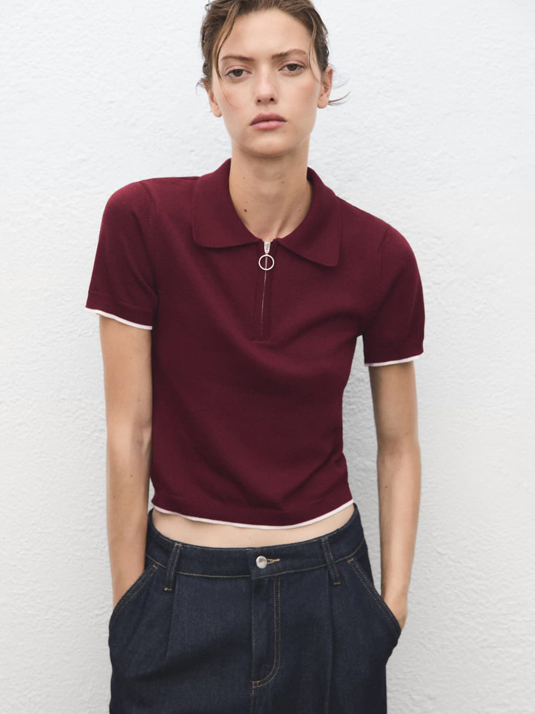 MANGO Polo Collar Contrast Trims Knitted T-shirt