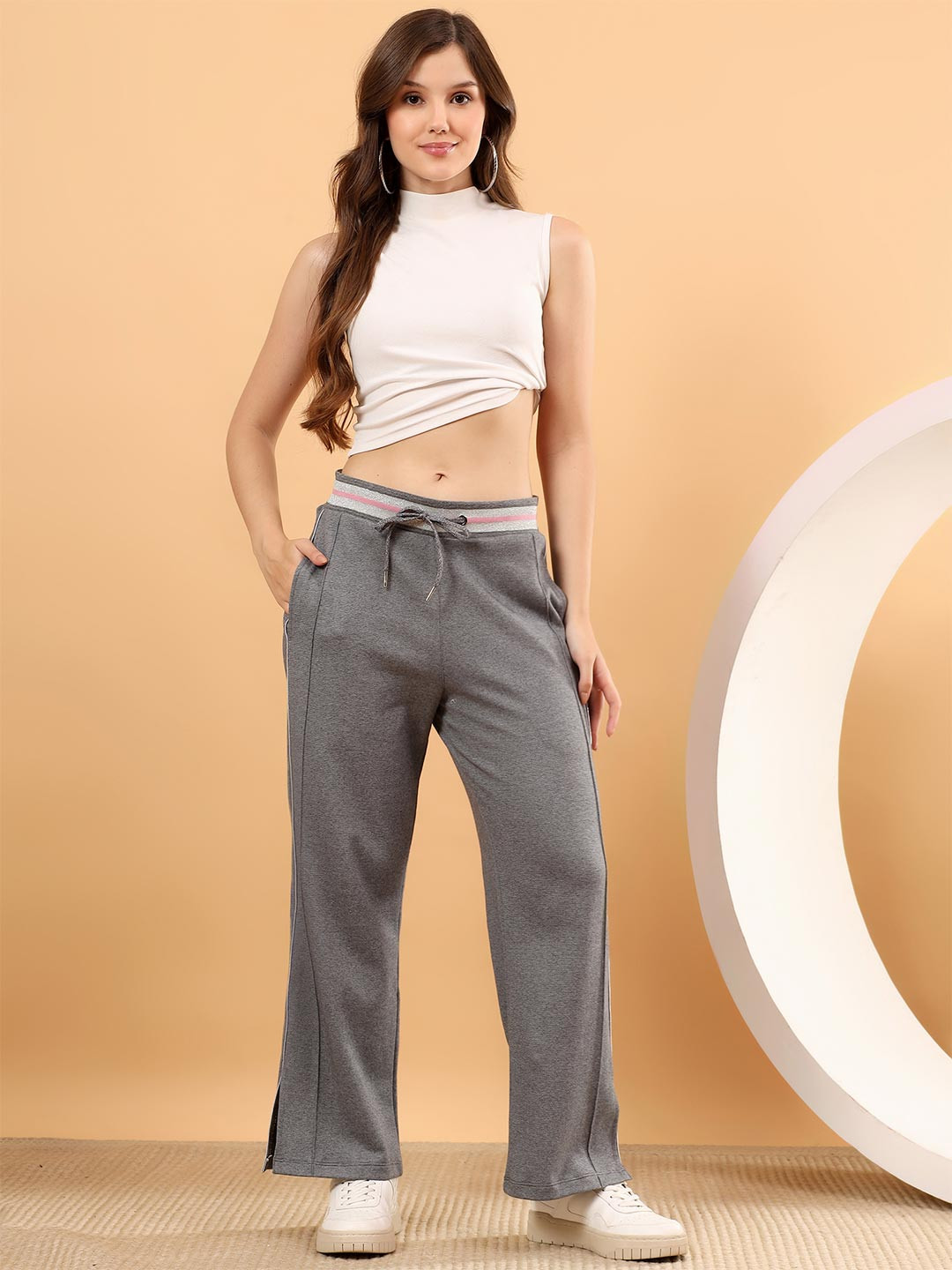 AKTIO Women Striped Bootcut High-Rise Wrinkle Free Regular Trousers with Piping Design