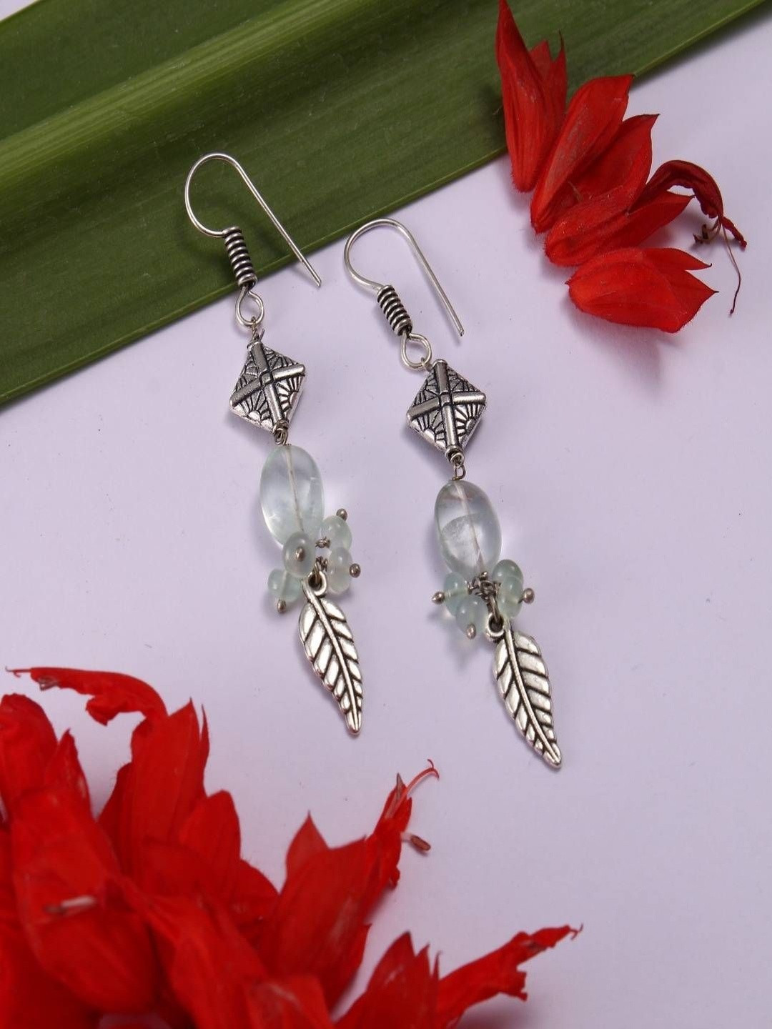 Shrim jewels Brass-Plated Oxidised Fluorite Beaded Oval Shaped Drop Earrings