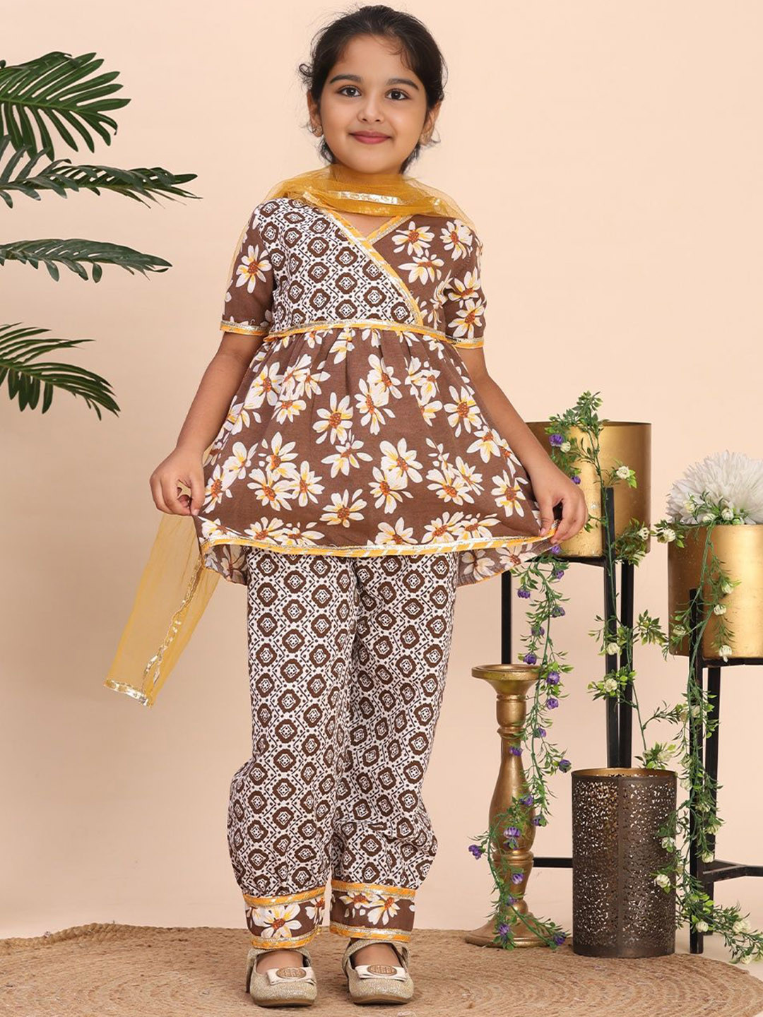 Cutiekins Girls Floral Printed V-Neck Gotta Patti A-Line Kurta With Palazzo & Dupatta