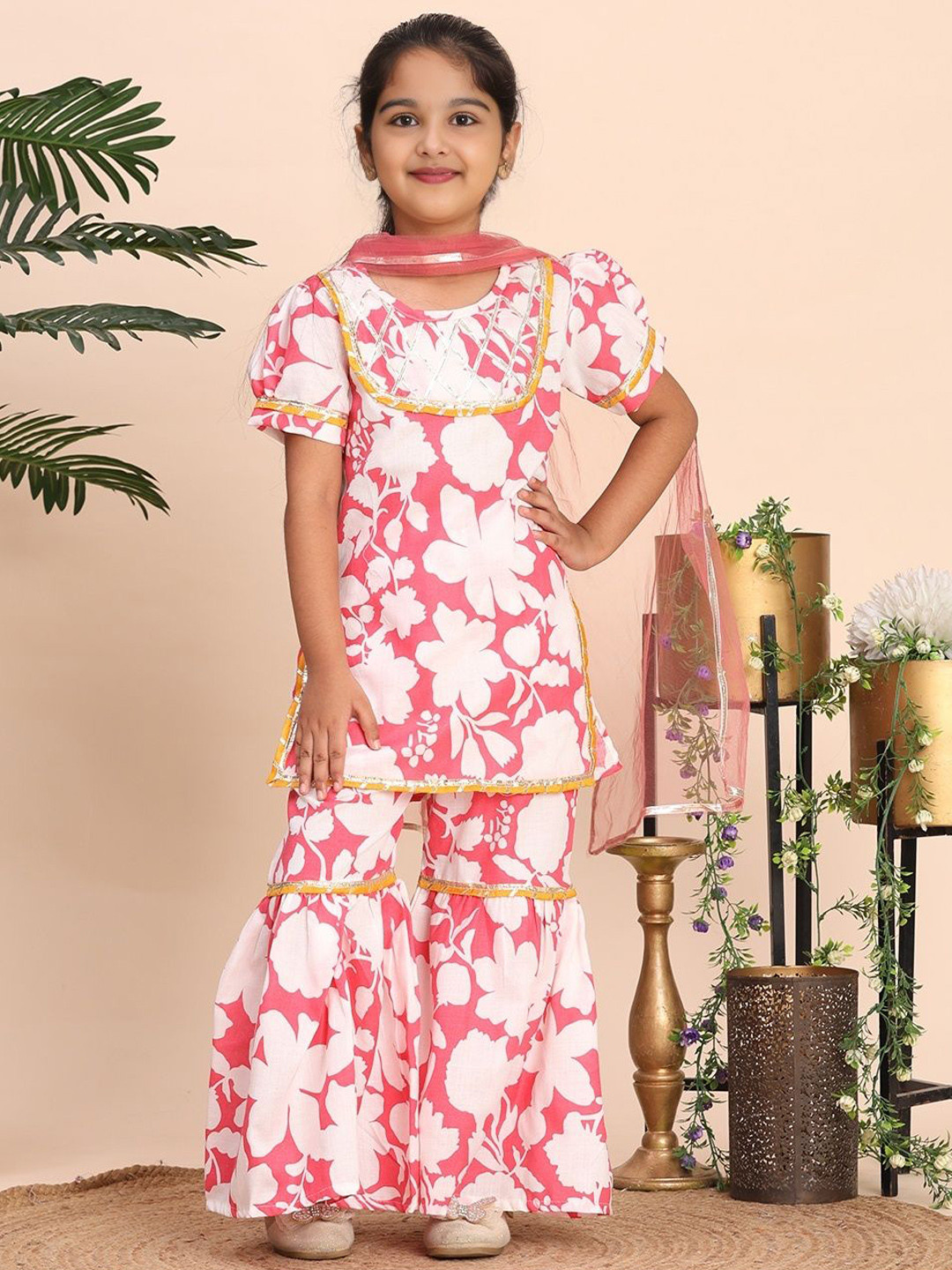 Cutiekins Girls Floral Printed Gotta Patti Straight Kurta With Sharara & Dupatta