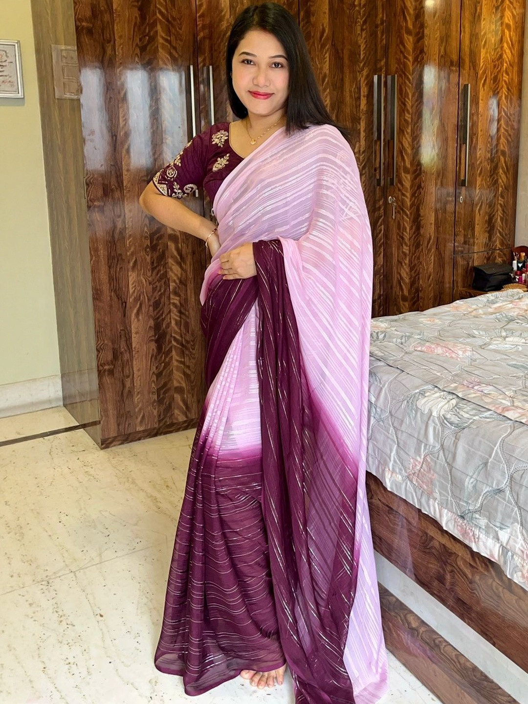 Moda Rapido Women Striped Satin Designer Saree With Blouse Piece