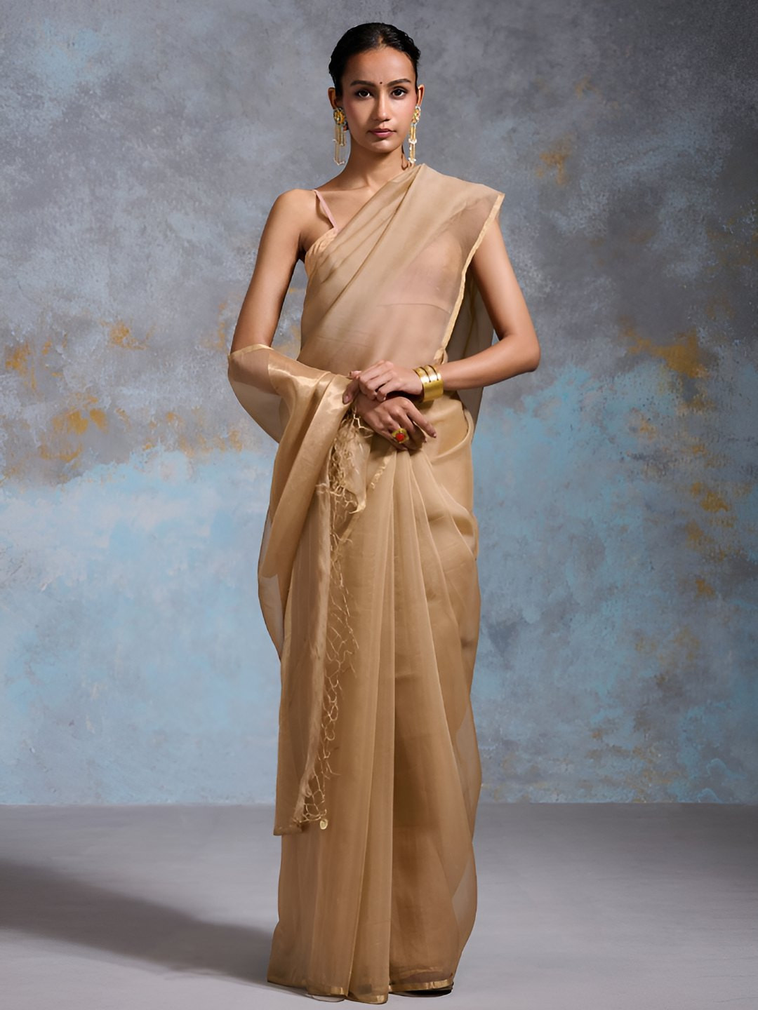 Dressfolk Women Gold Handwoven Banarasi Organza Saree with Zari Borders
