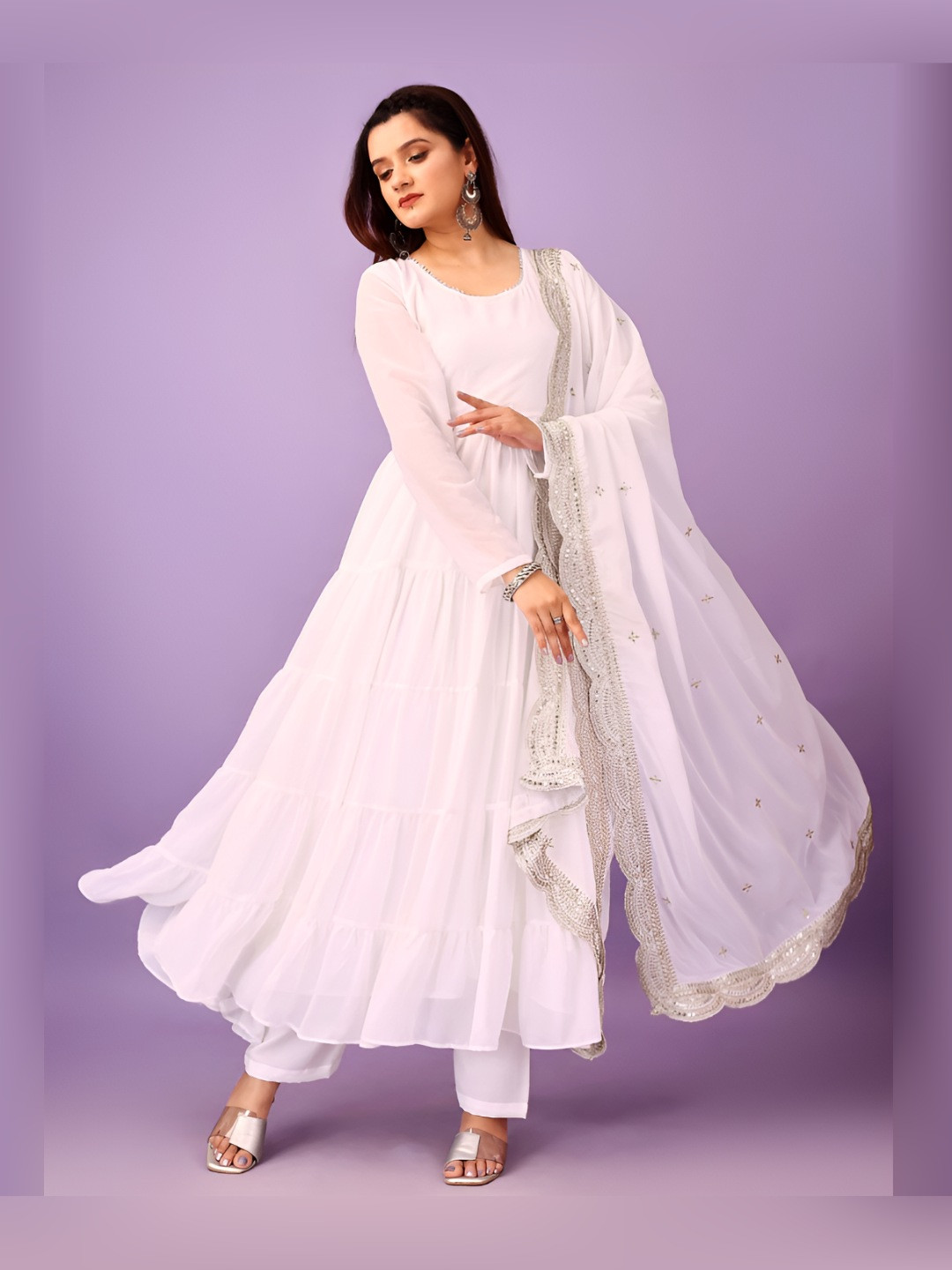 GLOSIA DESIGN Women Tiered Thread Work AnarkaliKurta with Trousers & With Dupatta