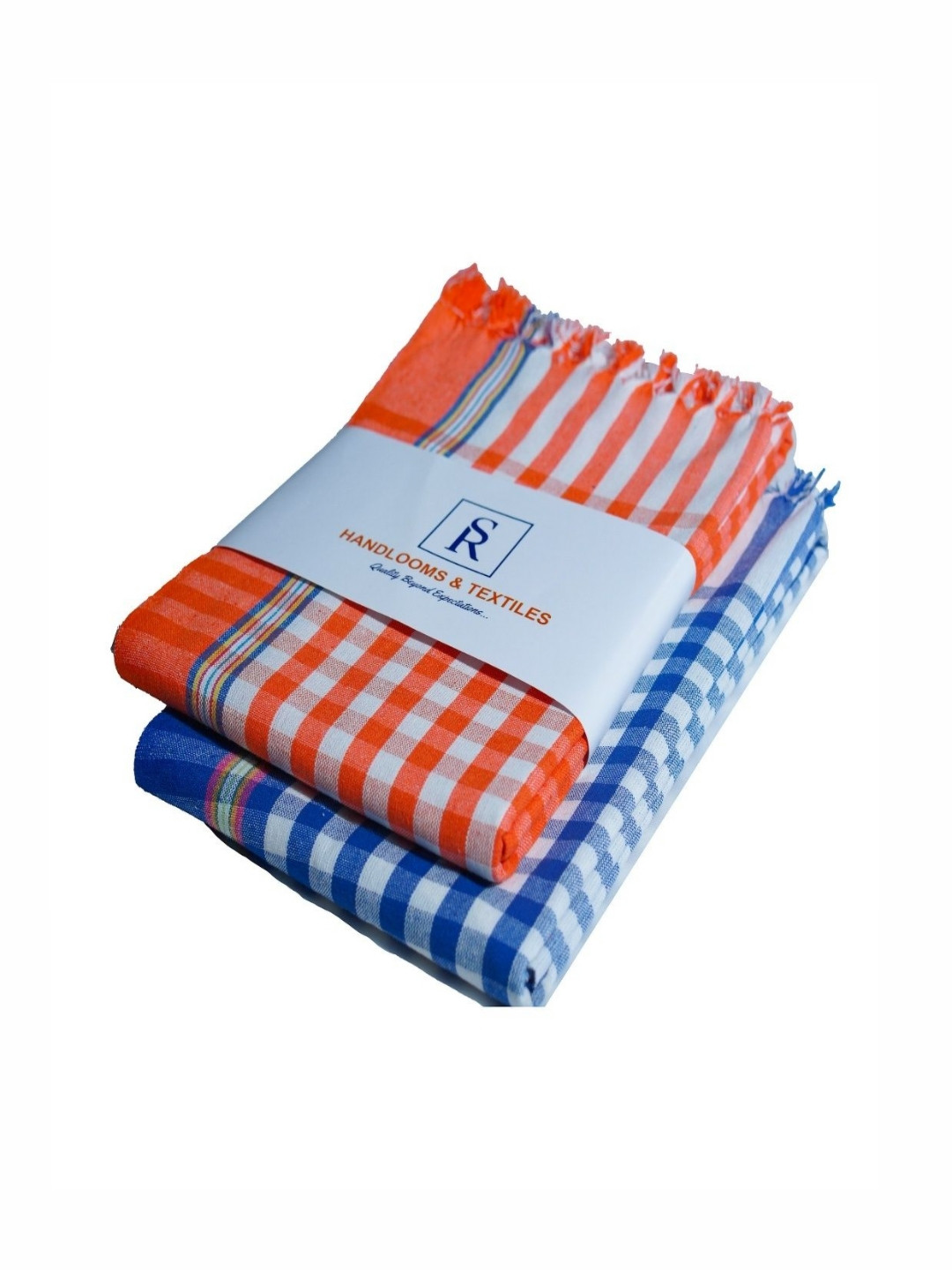SR HANDLOOMS AND TEXTILES Blue & Orange 2 Pieces Striped Pure Cotton 400 GSM Bath Towels