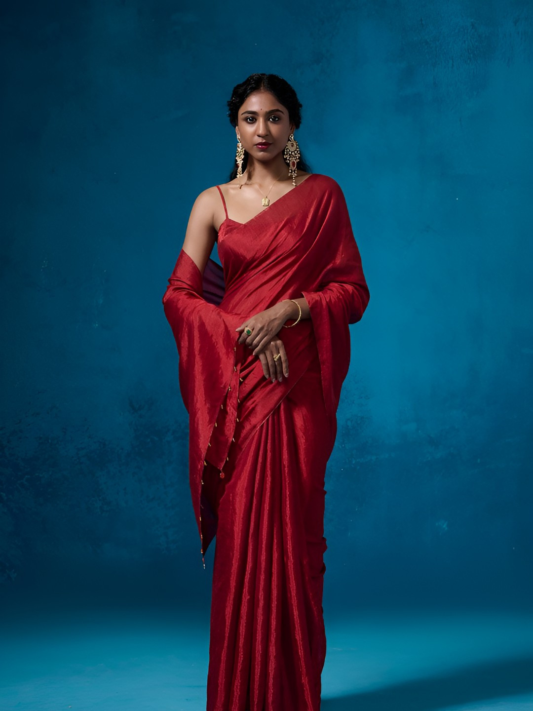 Dressfolk Rich Deep Red Handwoven Tissue Saree with Glass Beads & Dressfolk Coin Pallu