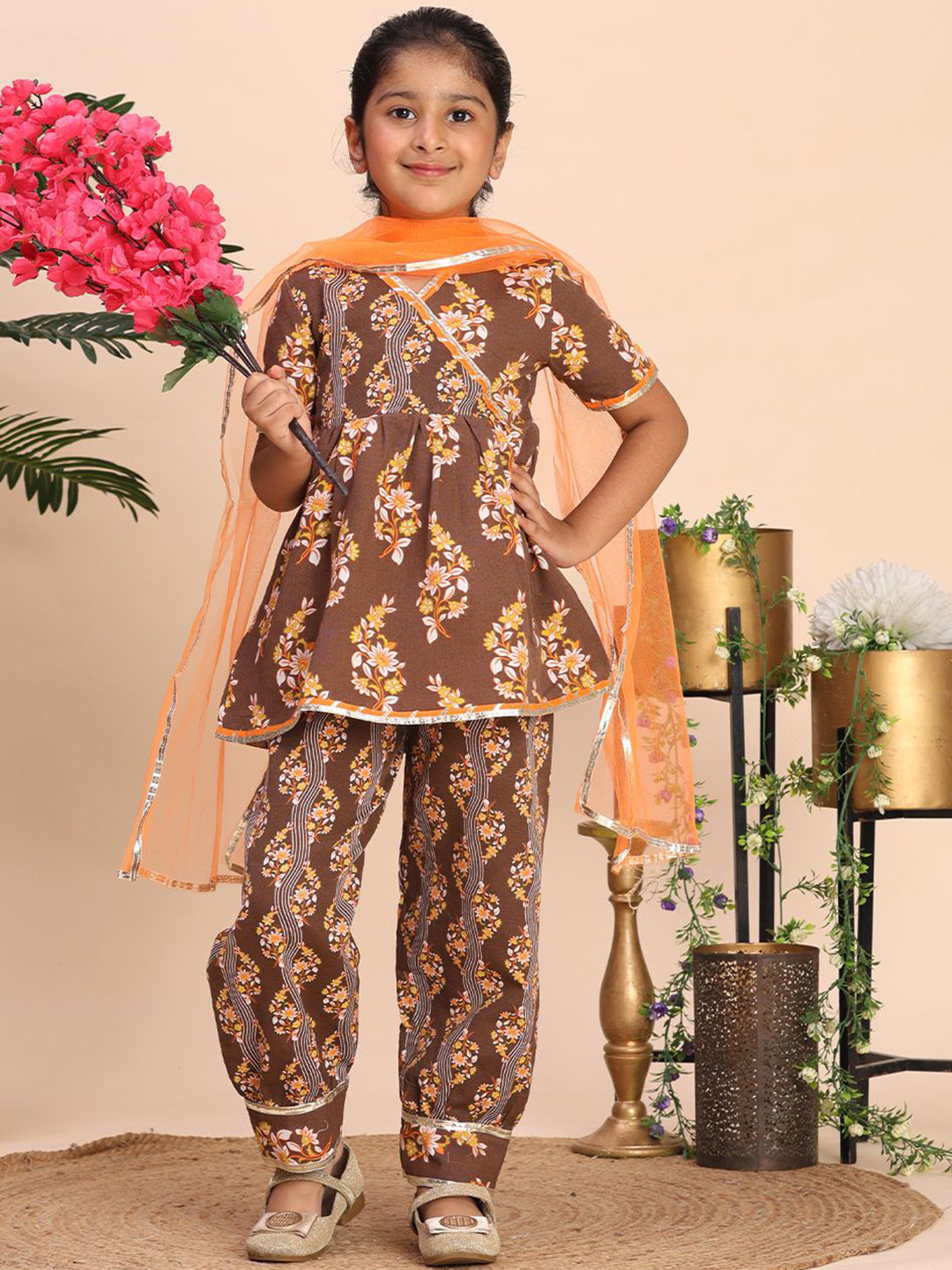 Cutiekins Girls Floral Printed V-Neck Gotta Patti A-Line Kurta With Trouser & Dupatta